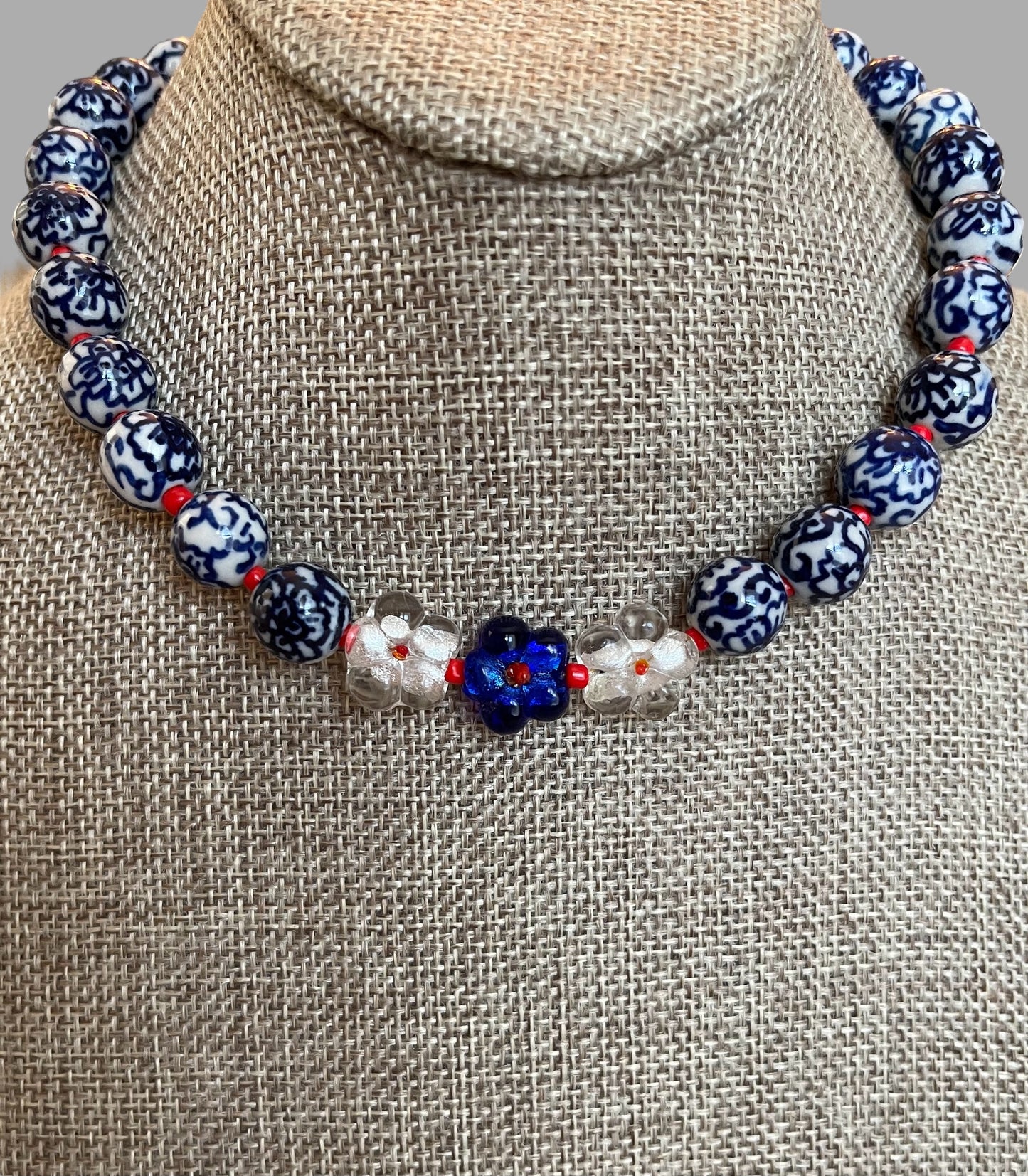 Blue Blossoms Necklace: Porcelain Chinoiserie Style Beads w Glass Flowers