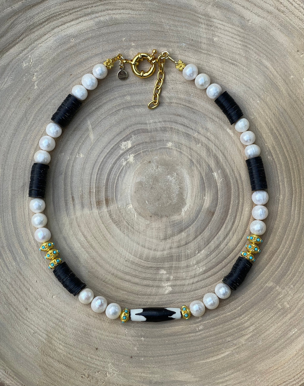 Tribal Throne Necklace: Creamy Freshwater Pearls African beads & gold accents OOAK