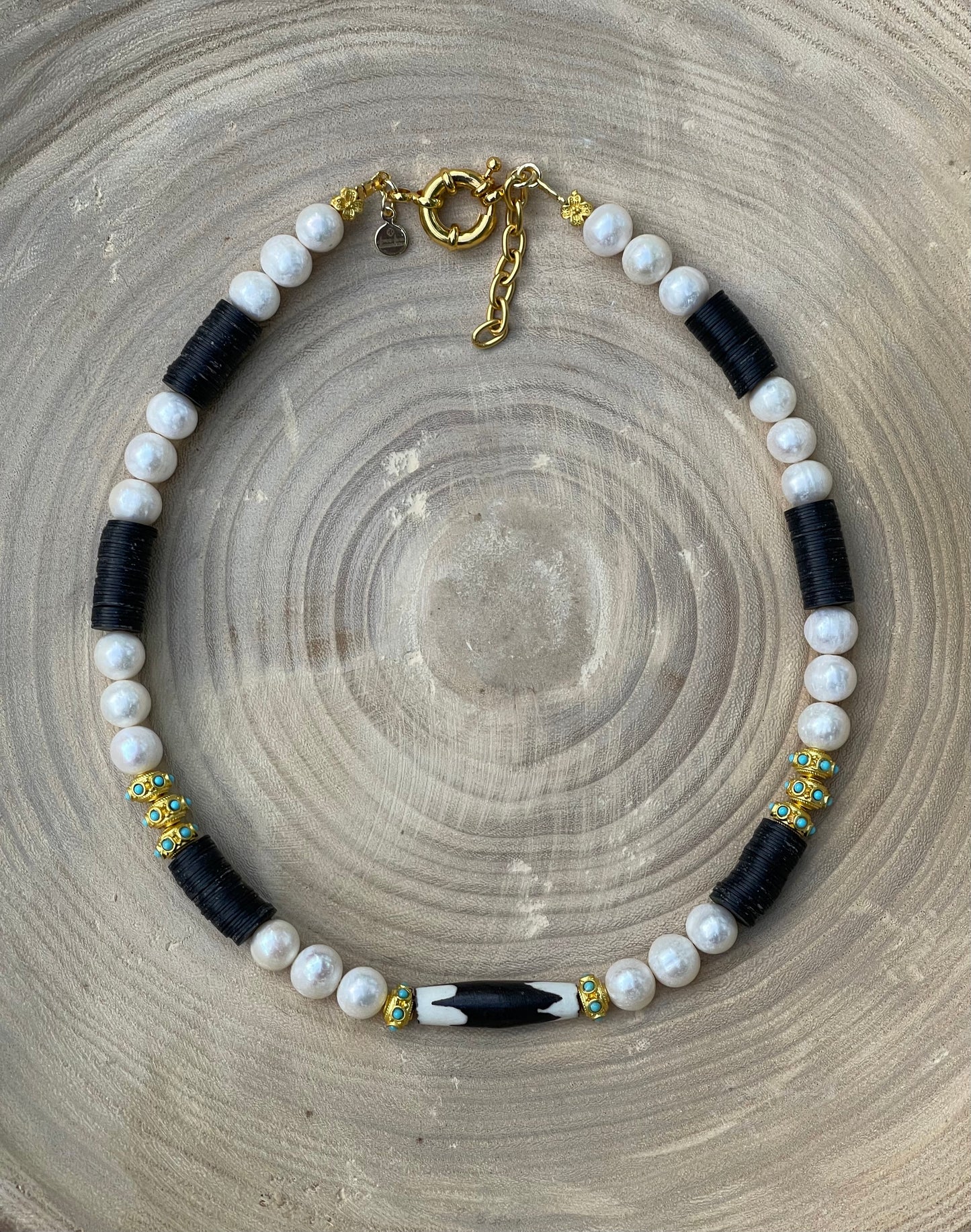 Tribal Throne Necklace: Creamy Freshwater Pearls African beads & gold accents OOAK