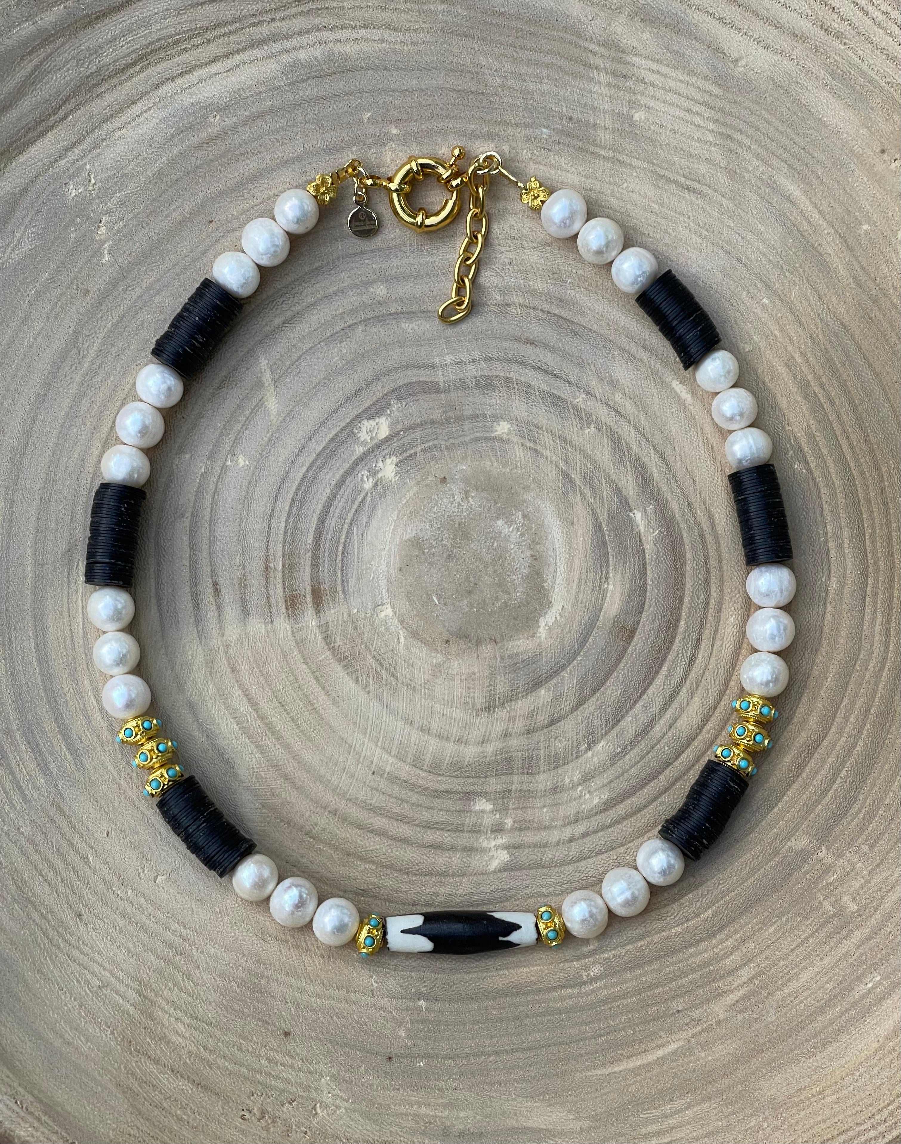 Tribal Throne Necklace: Creamy Freshwater Pearls African beads & gold accents OOAK