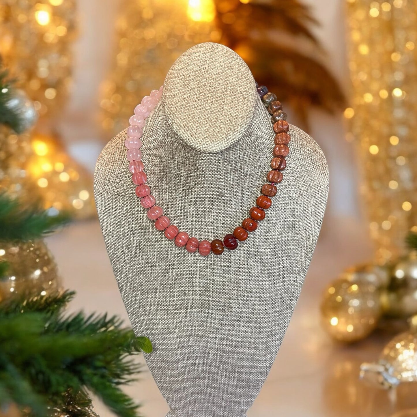 Ombré Roses Necklace OOAK: A stunning mix of hand-carved Gemstones, hand-knotted on pink silk