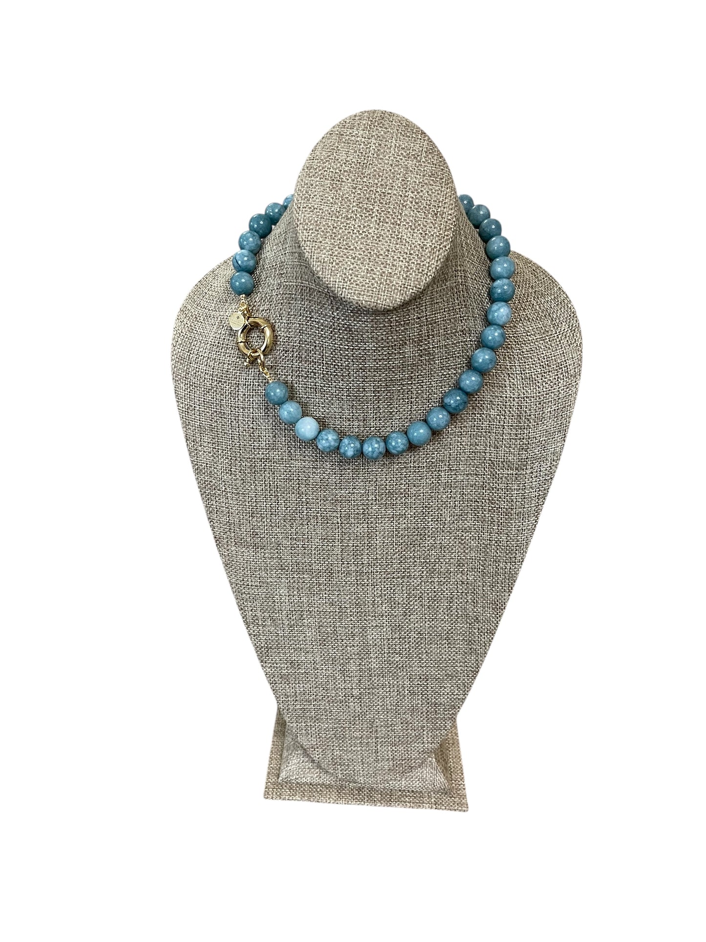 Blue Haven Necklace: Blue Jade gemstone 12mm beads Gold Nautical clasp OOAK
