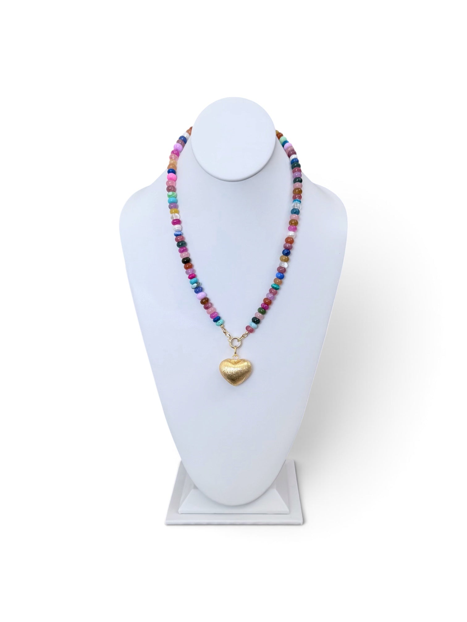 Colorful Claire Necklace: Mixed gemstones and a textured puffed heart pendant
