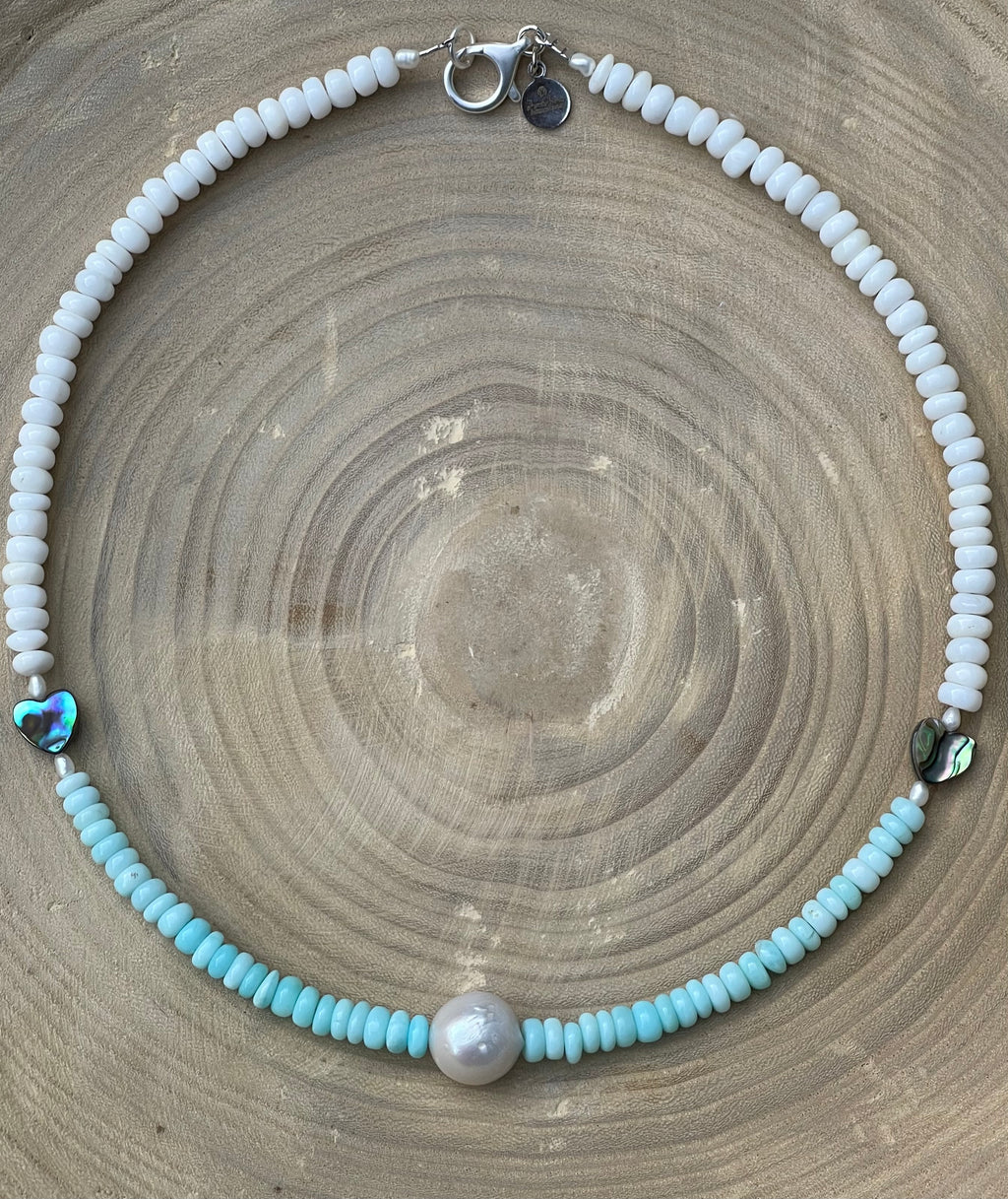 Abalone Hearts Necklace:Peruvian blue &white Opals Abalone shell 🩵 Baroque Pearl OOAK