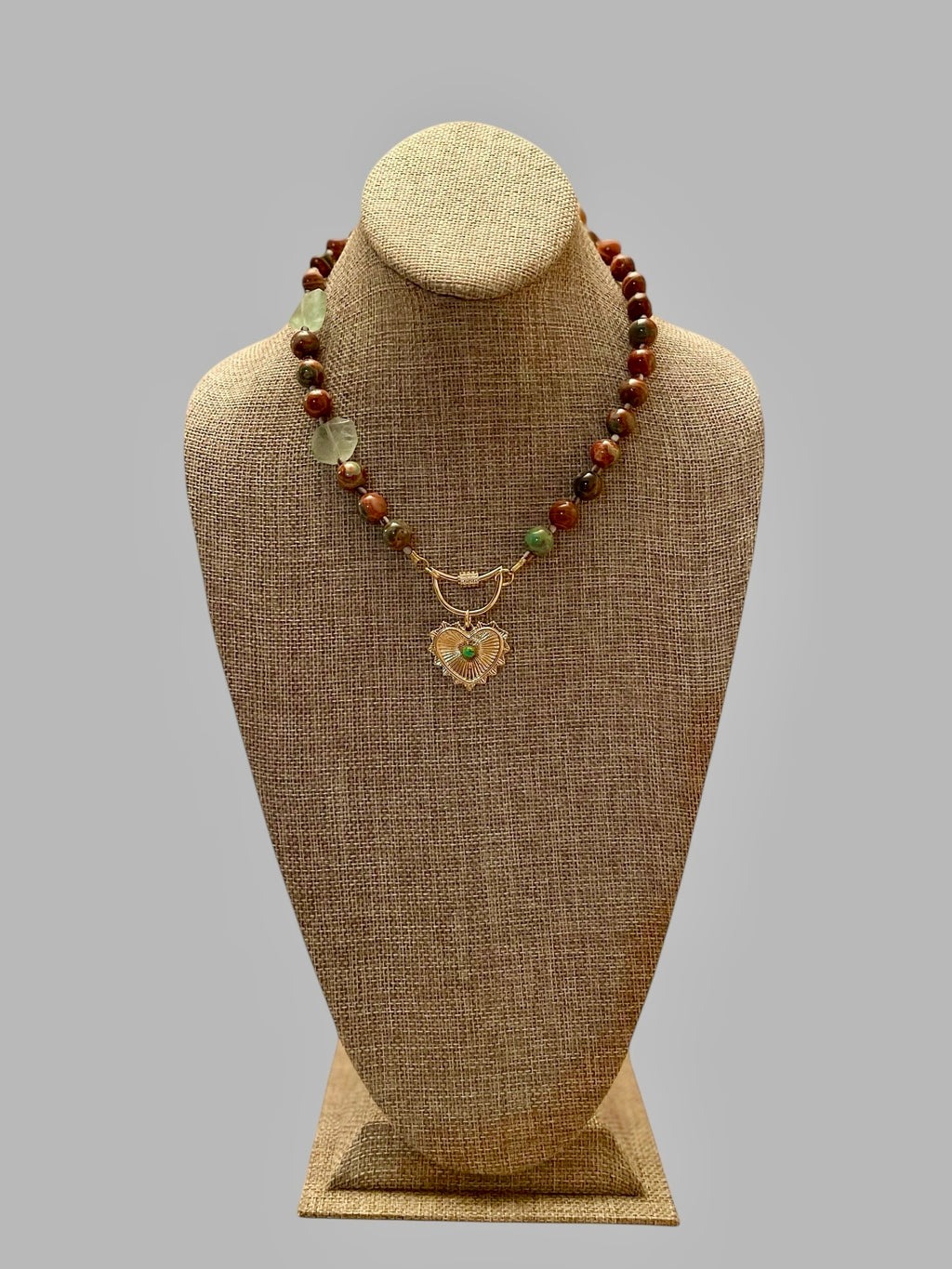 Heirloom Heart Necklace: Red Copper & Sage Agate beads with Green accent stones and a heart pendant