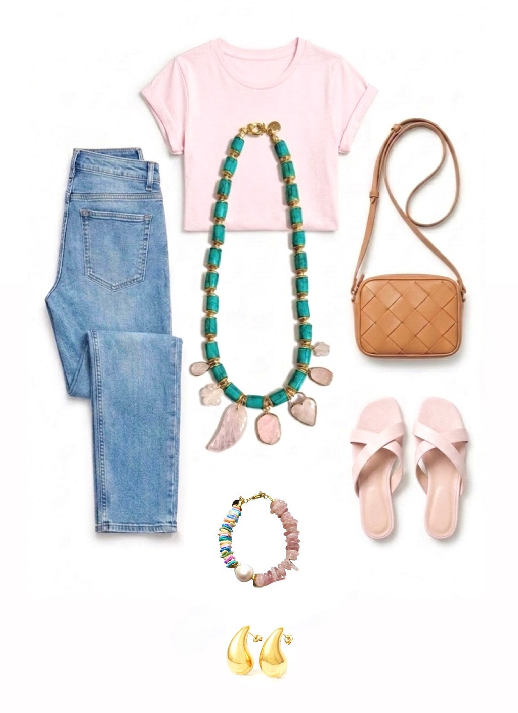 Good Fortune Necklace: Inlaid Turquoise with Rose Quartz Charms