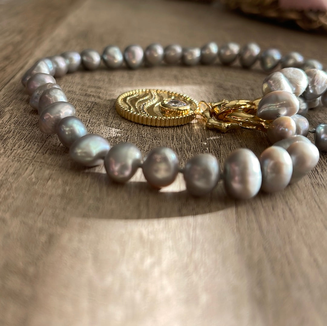 Sunny Day On The Ocean Necklace: One of a Kind Silver Gray Pearls Hand Knotted with Gold Filled Clasp and Charm