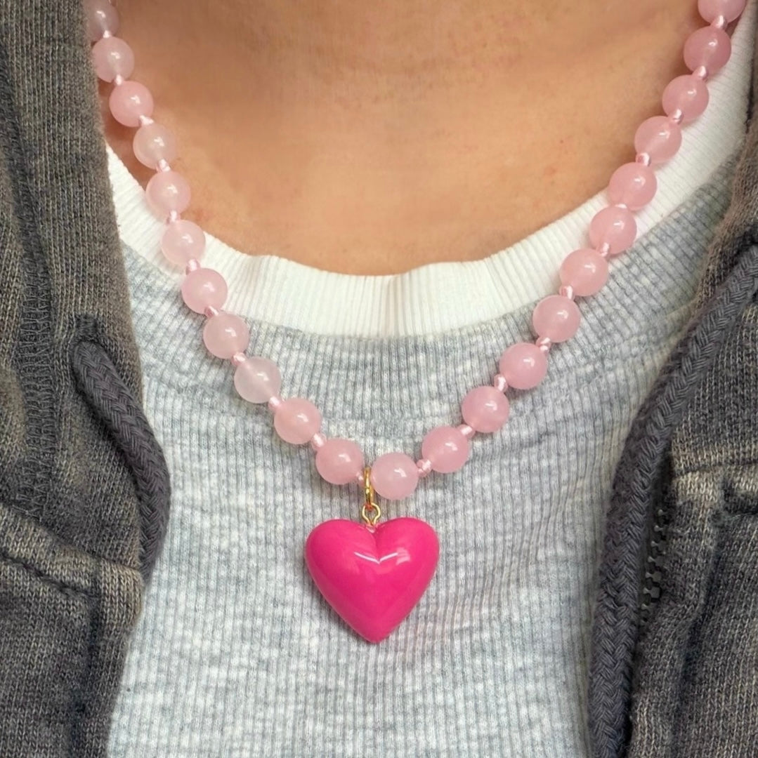 La Vie en Rose necklace: Rose Quartz round beads with choice of Heart pendant