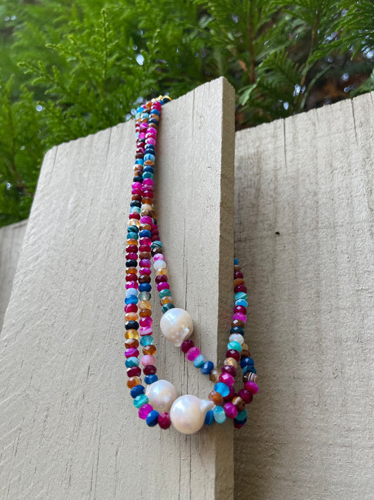 Jewel Toned Jen Necklace: African Mixed Banded Agate Diamond-Cut Beads with a Baroque Pearl Centerpiece