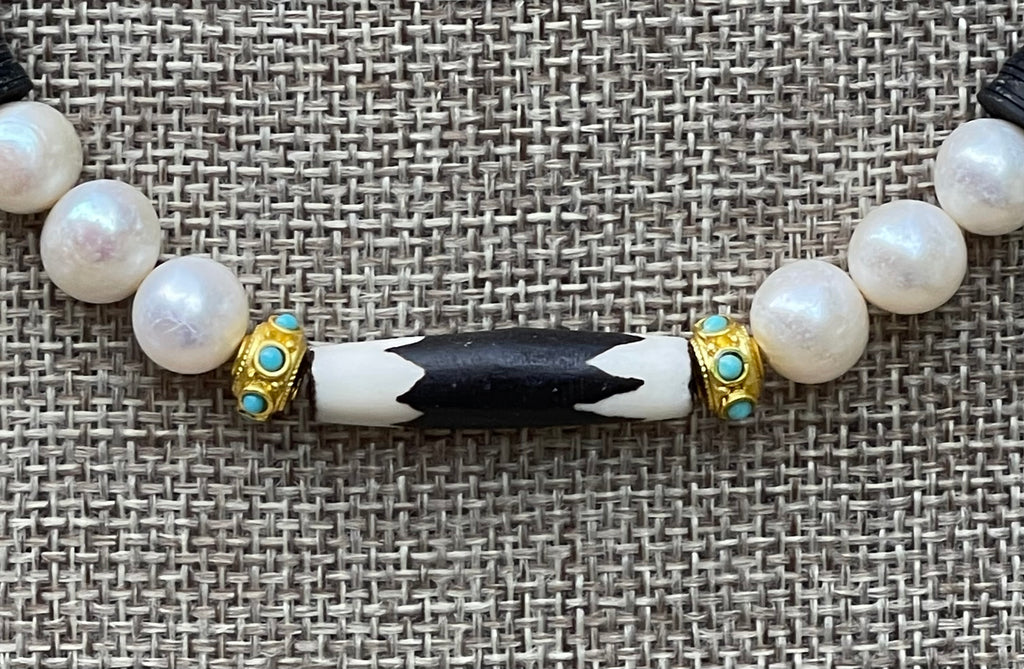 Tribal Throne Necklace: Creamy Freshwater Pearls African beads & gold accents OOAK