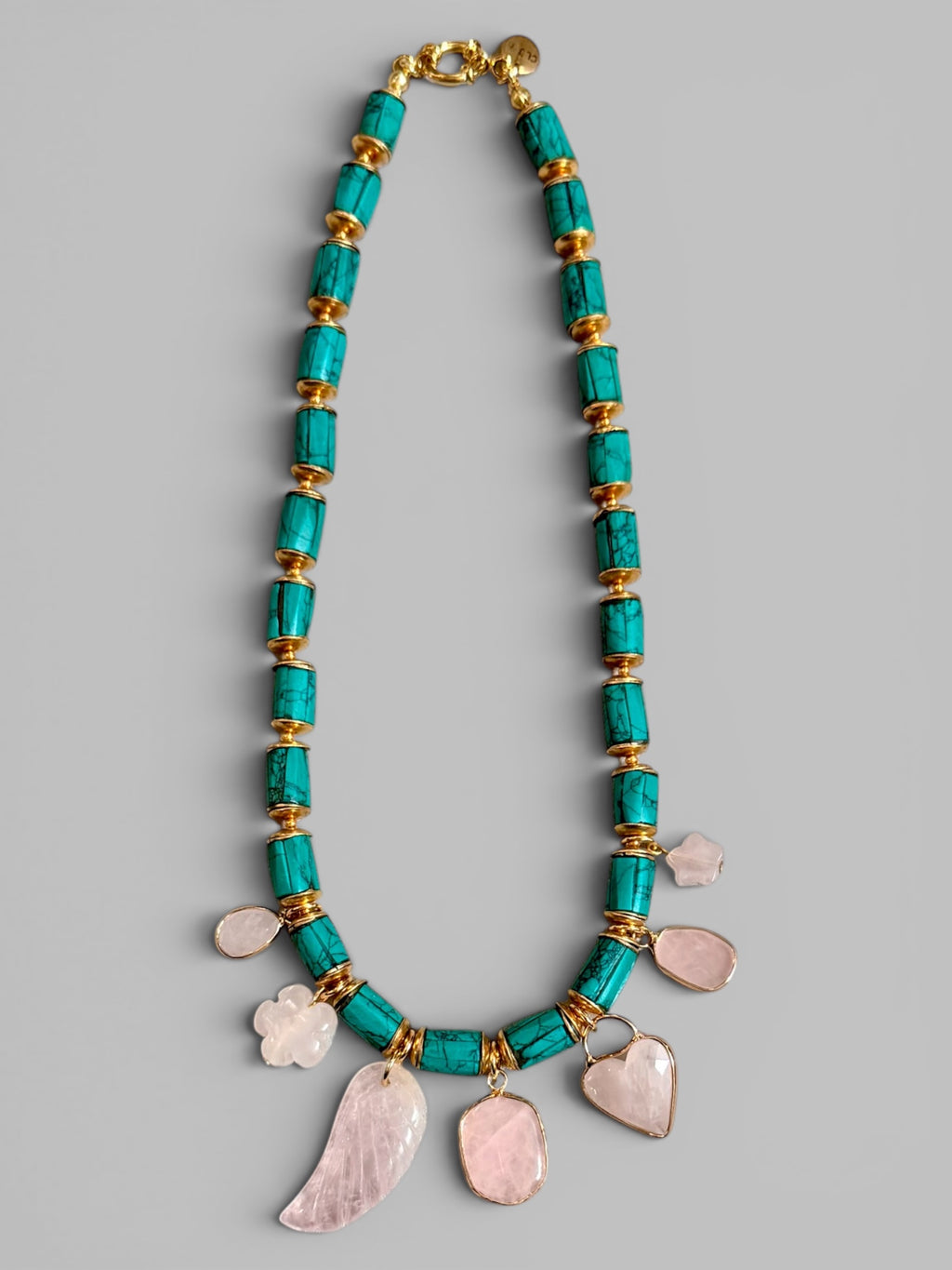 Good Fortune Necklace: Inlaid Turquoise with Rose Quartz Charms