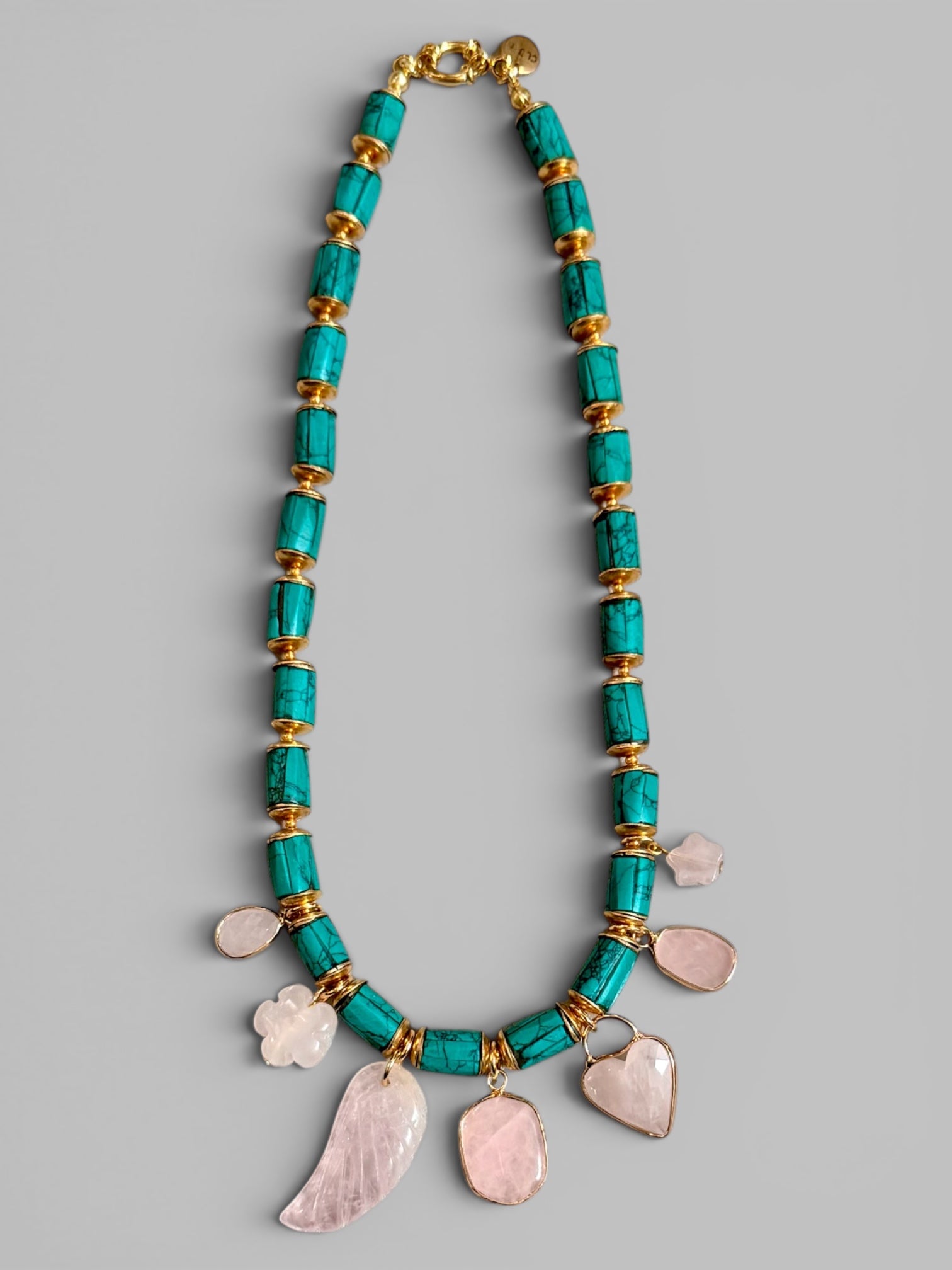 Good Fortune Necklace: Inlaid Turquoise with Rose Quartz Charms