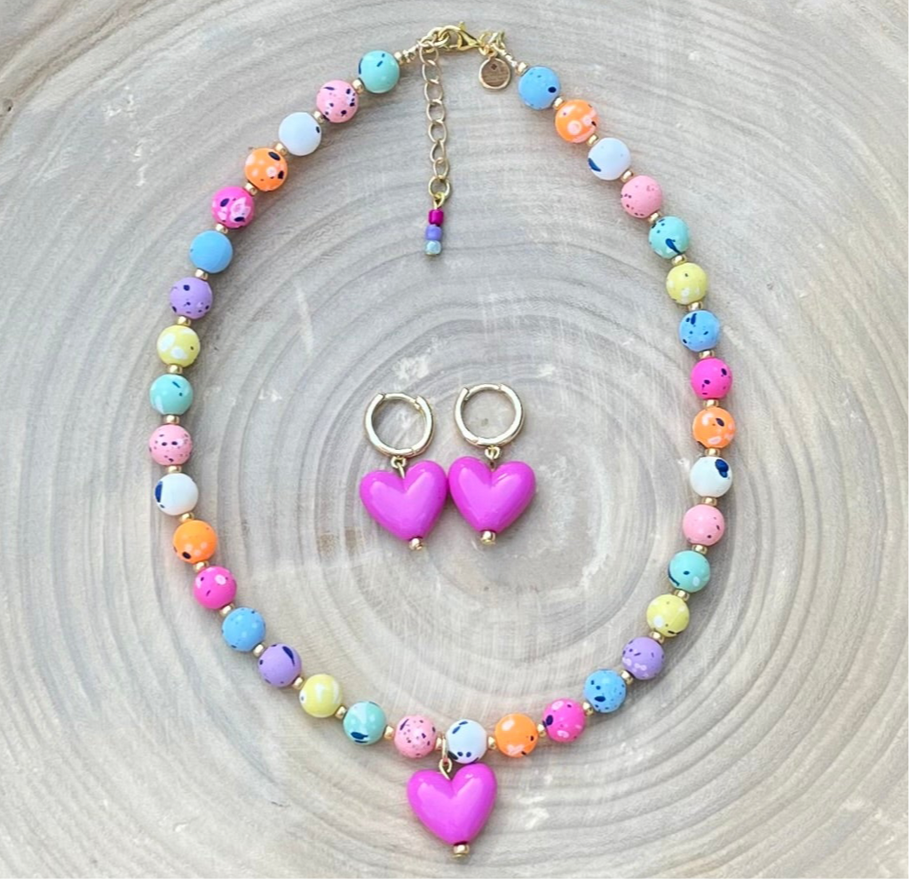 Color Confetti Heart Earrings: Hot pink acrylic heart charm on gold huggies