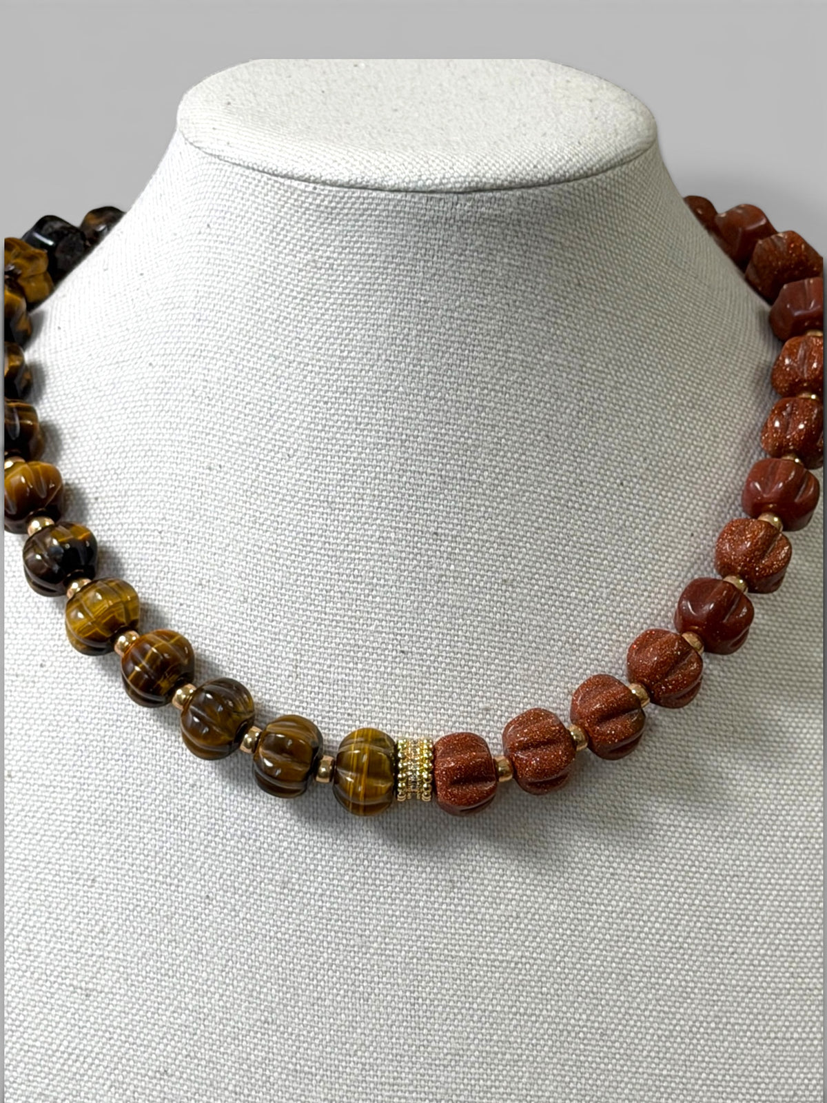 Autumn Afterglow: Carved Tiger Eye and Goldstone with gold and pavé accents OOAK