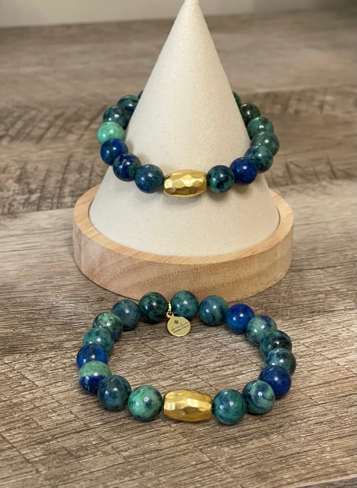 Barrel & Stone Bracelet: Azurite Chrysocholla Gemstone Stretch Bracelet with Gold hammered Artisan bead