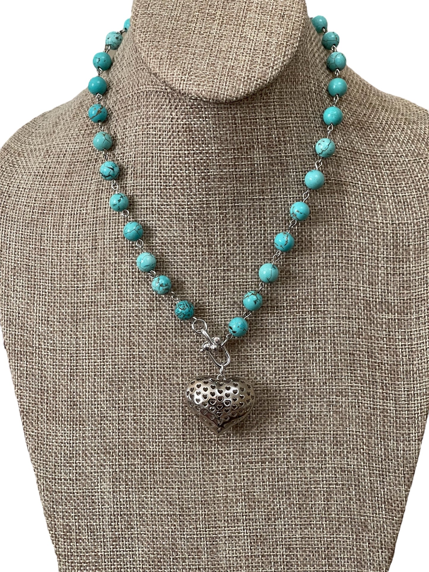 Turquoise Heartbeat Necklace: Bead-n-Link chain with Silver Trigger clasp and Heart pendant 8mm beads