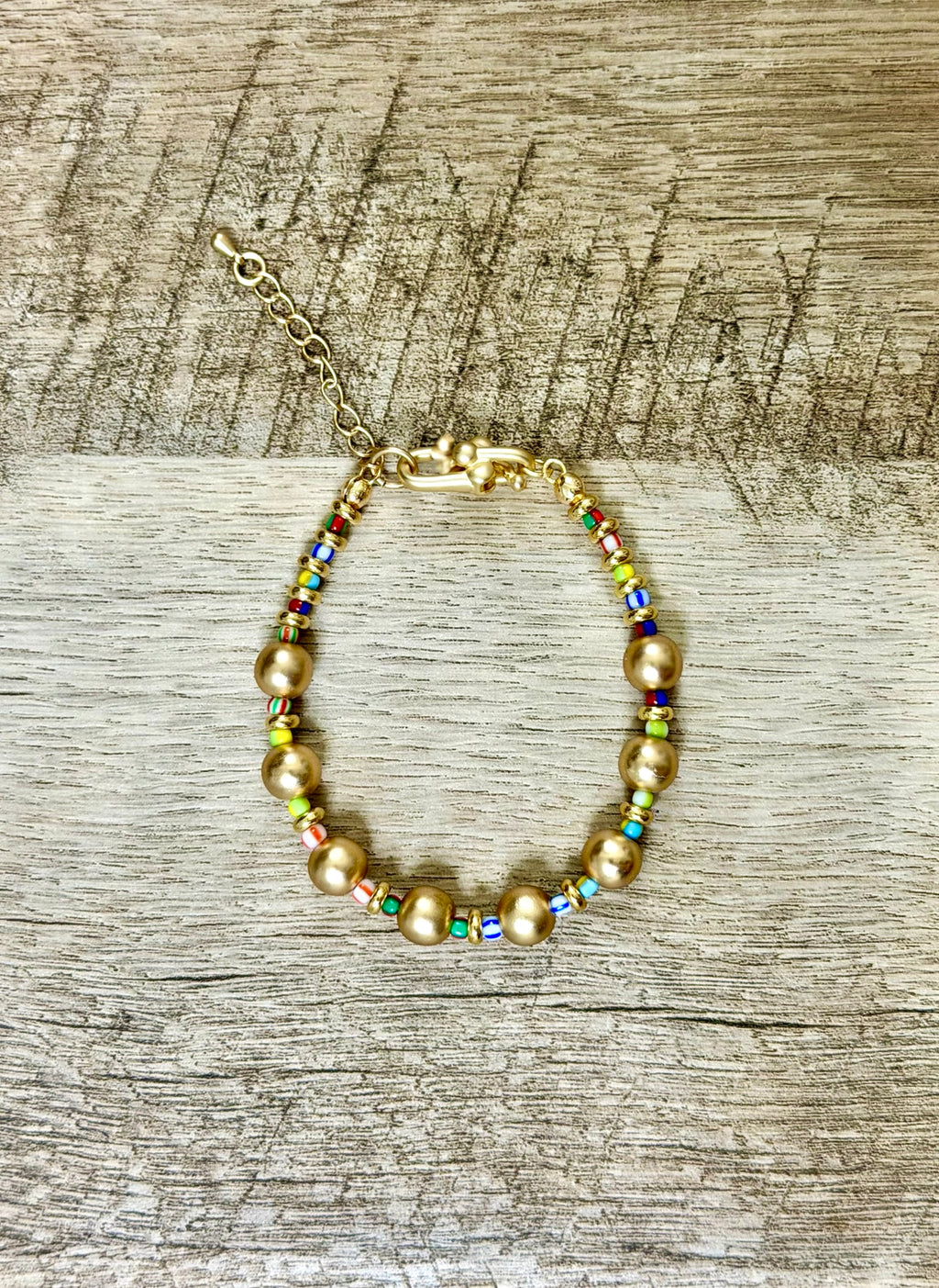 The Good Mood Bracelet: OOAK Brushed Gold beads w/multicolor glass mini beads