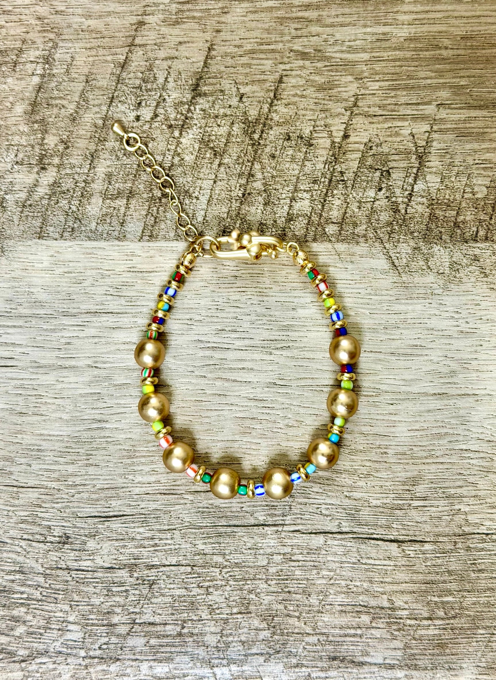 The Good Mood Bracelet: OOAK Brushed Gold beads w/multicolor glass mini beads