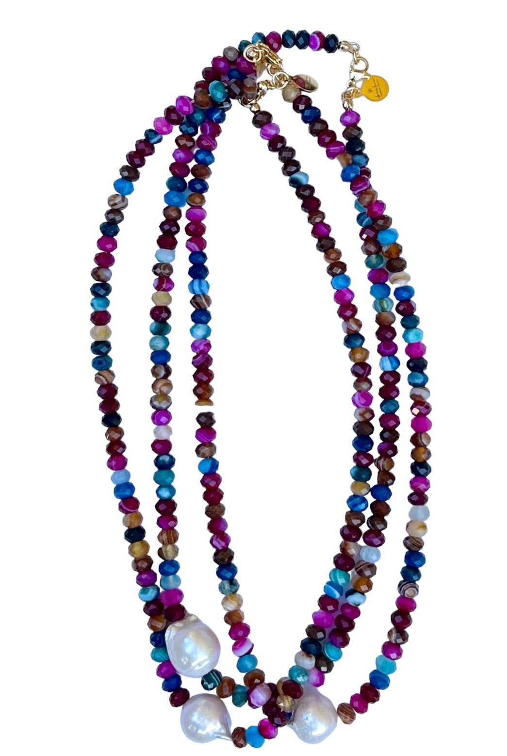 Jewel Toned Jen Necklace: African Mixed Banded Agate Diamond-Cut Beads with a Baroque Pearl Centerpiece