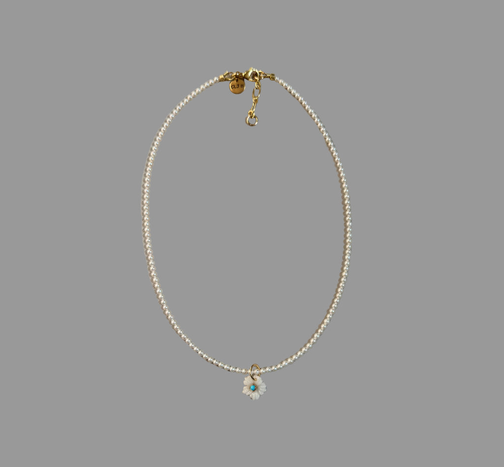 Dainty Bloom Necklace: Freshwater Pearls and a carved flower pendant OOAK