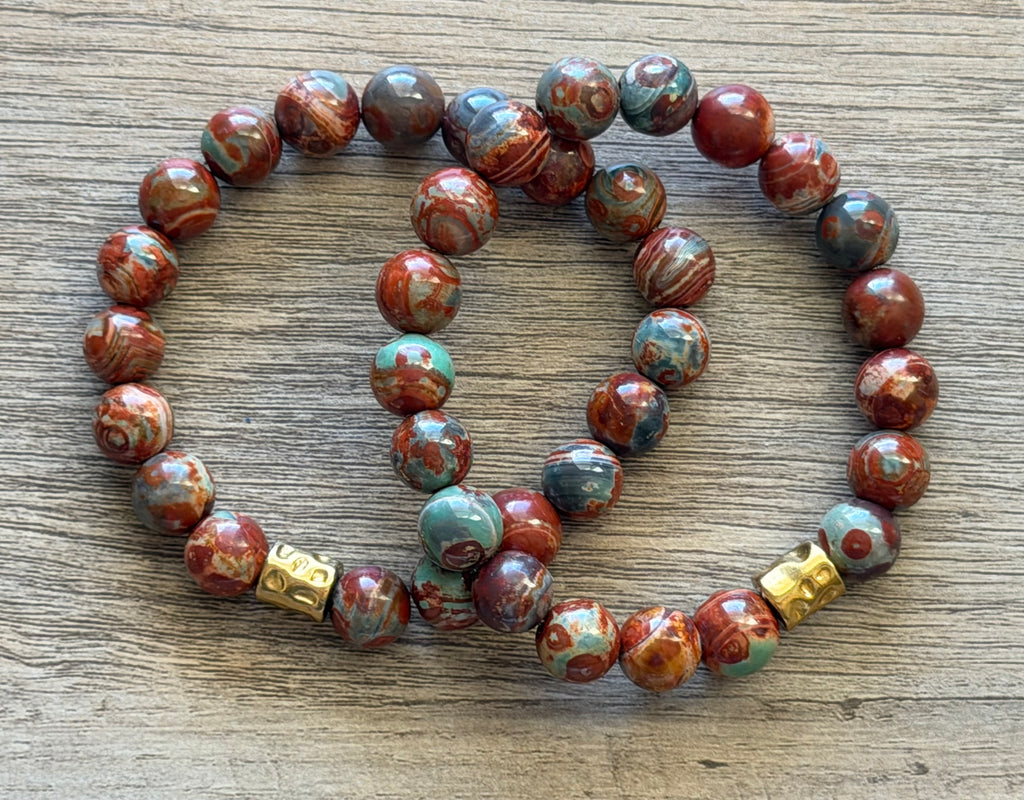 Red Copper & Sage Agate Stretch Bracelet w/ Gold Accent