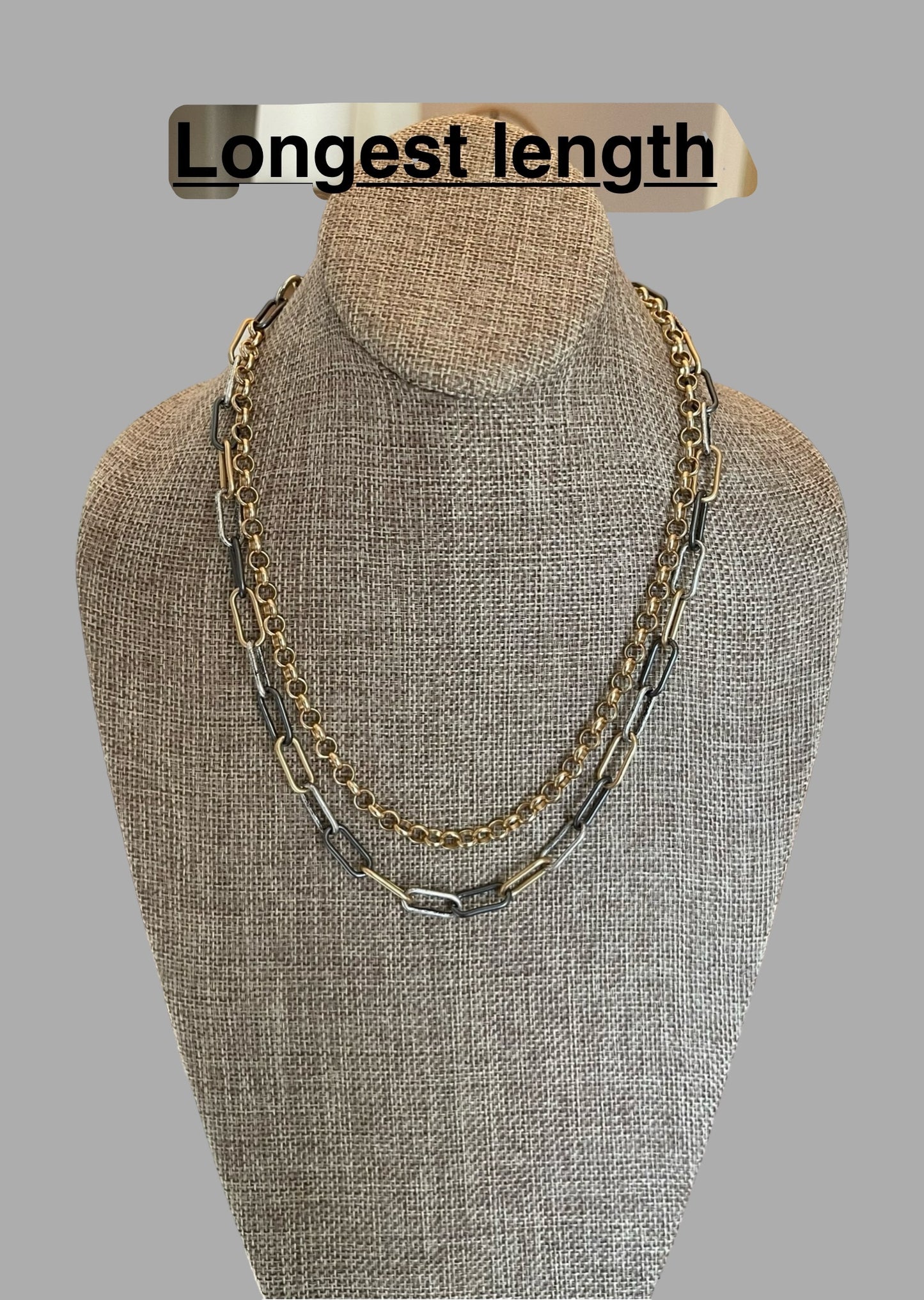 Double Chain Layering Necklace: A brushed gold Rolo chain and a Tri-tone Paperclip chain