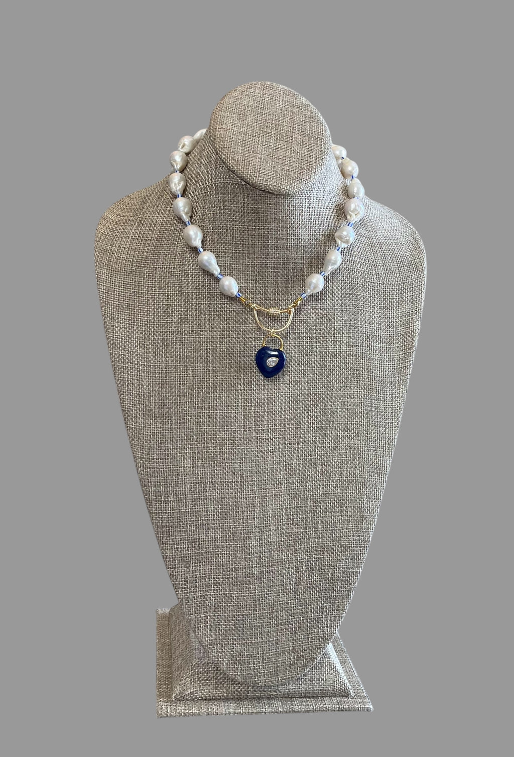 The Gabrielle Necklace: High Quality Baroque Pearls, Blue accent beads and a Lapis Lazuli Heart Pendant OOAK