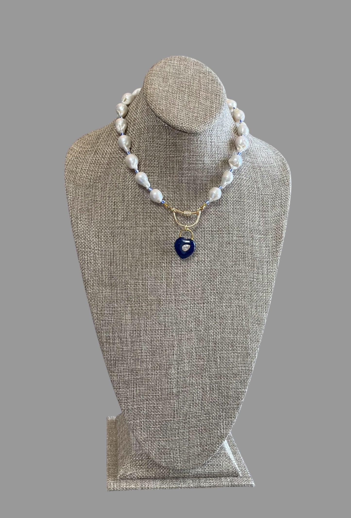 The Gabrielle Necklace: High Quality Baroque Pearls, Blue accent beads and a Lapis Lazuli Heart Pendant OOAK