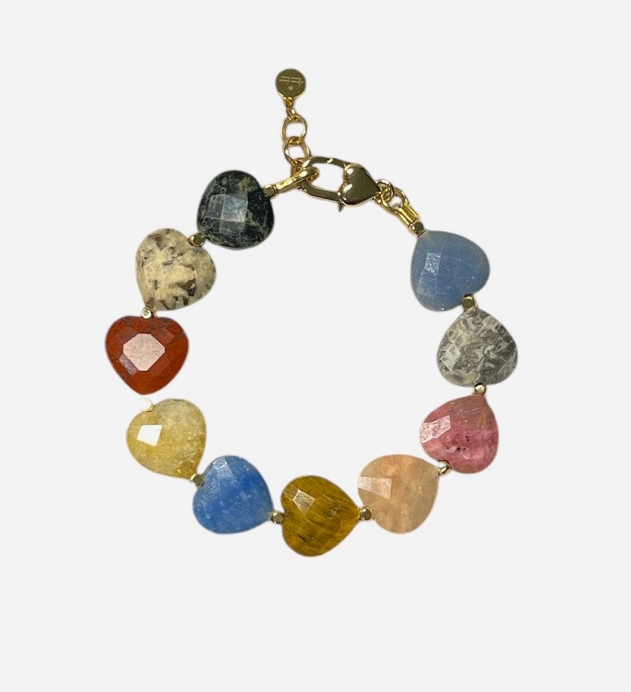 The Stone Mountain Bracelet: Mixed Natural Stone Faceted Heart Beads with Gold or Silver Accents