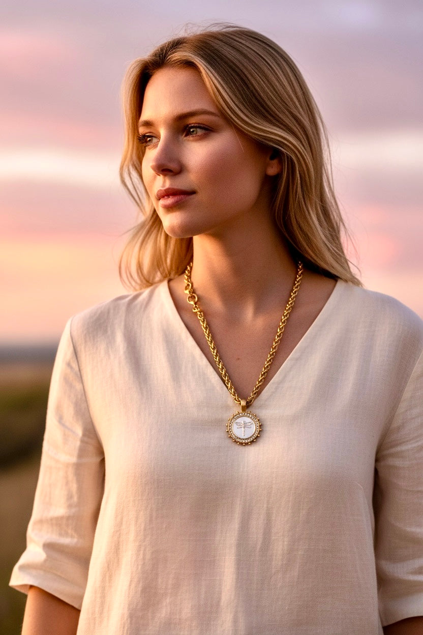 The Aurum Necklace: OOAK Beautiful matte gold wheat chain with dragonfly pendant
