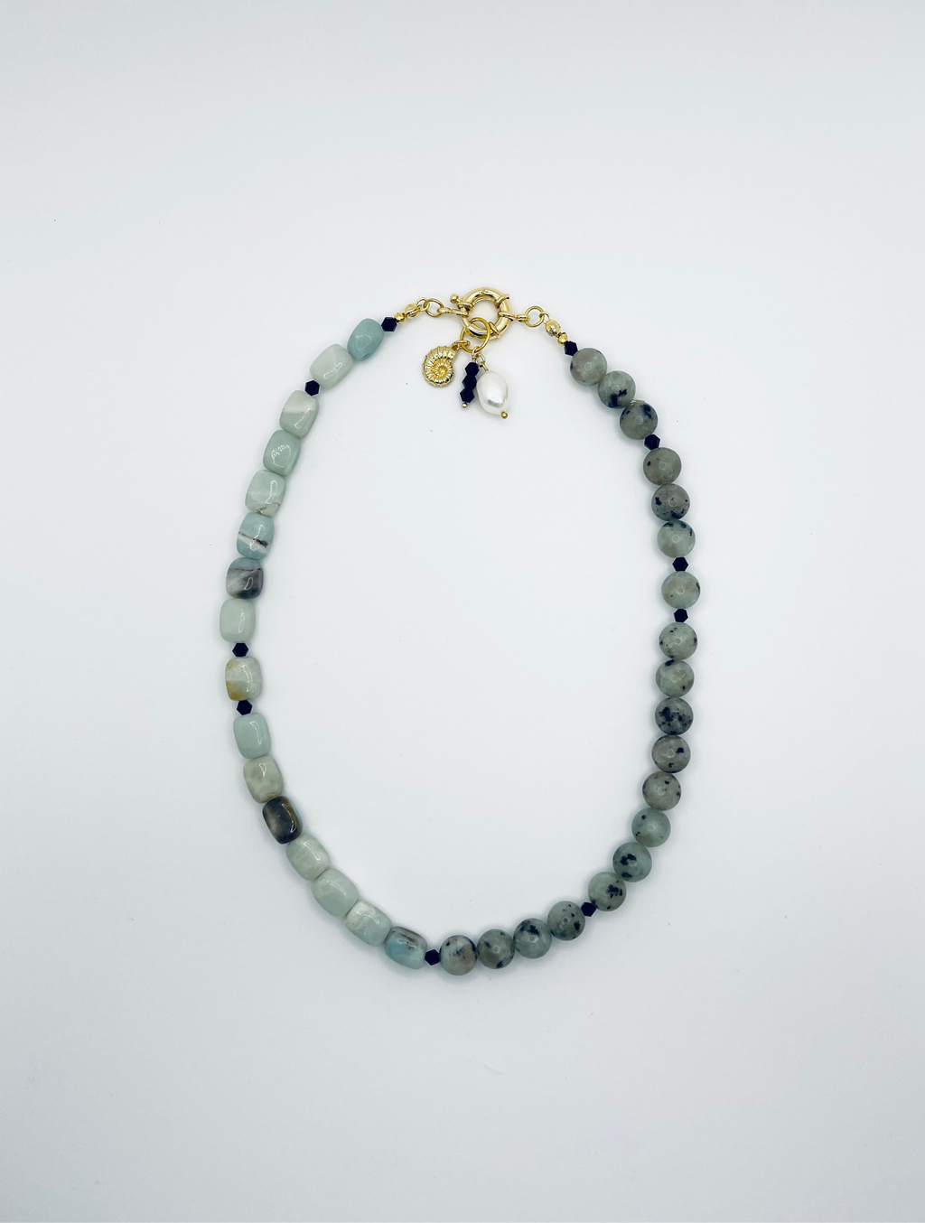 Kiwi Cutie Necklace: OOAK Amazonite and Kiwi Jasper with Charms