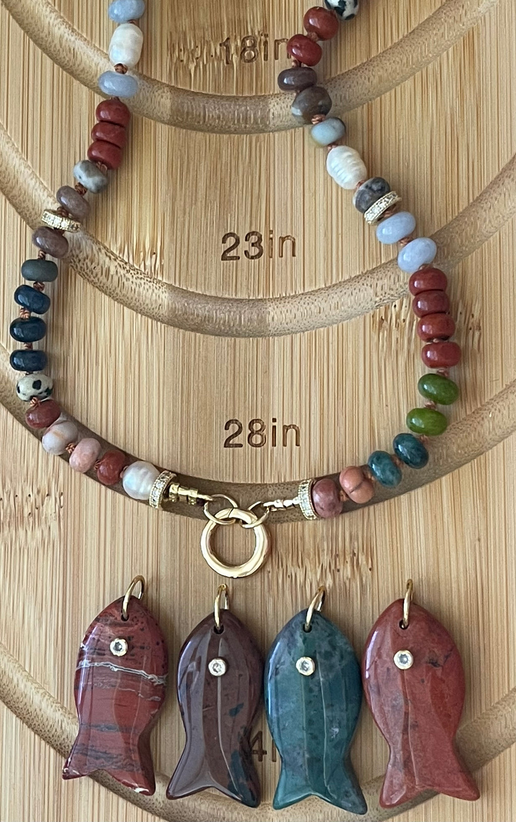 Reel Beauty 🎣 Mixed Gemstone necklace with Gold accents Gemstone fish pendant 4 options