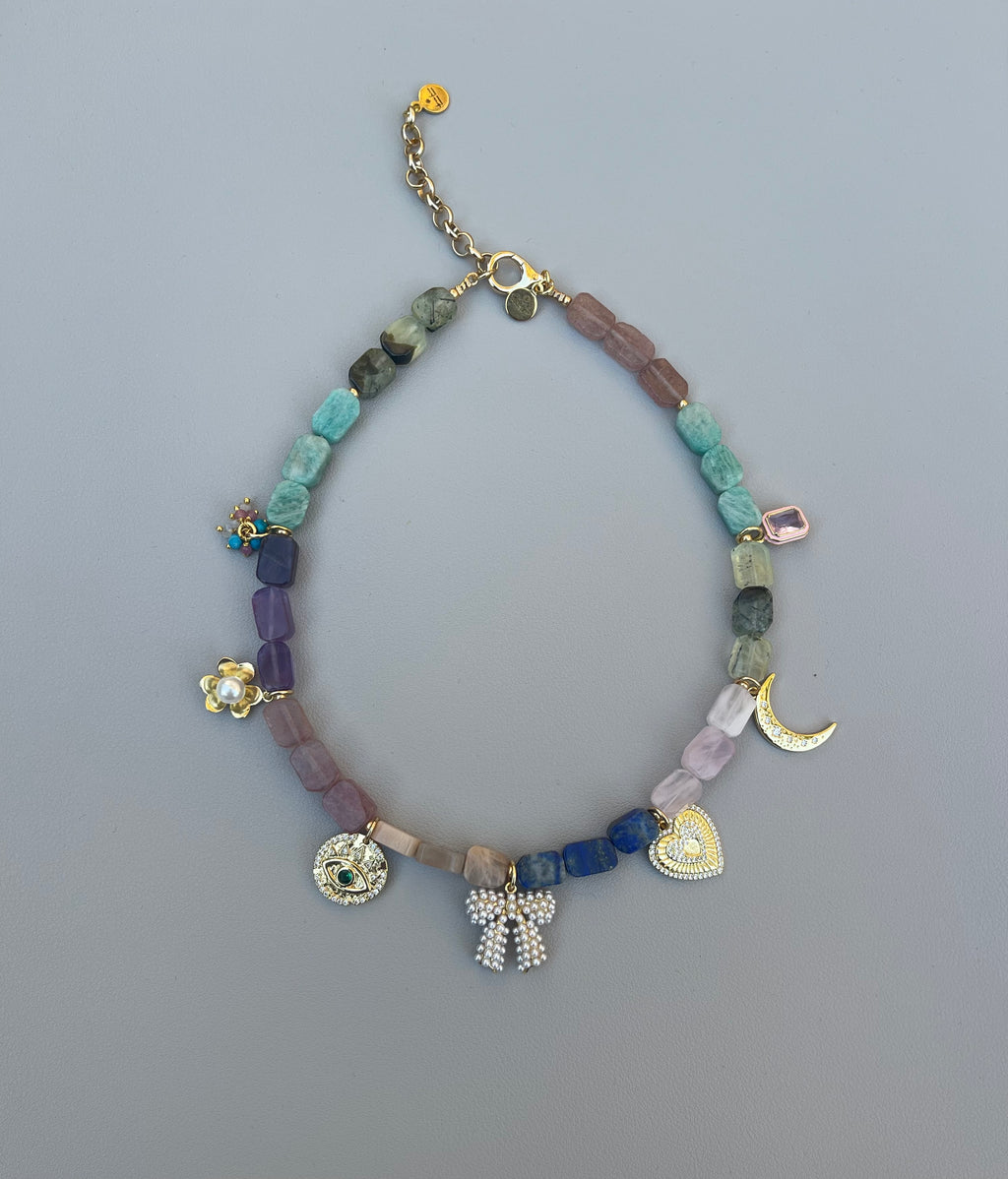 The Gemmy Charms Necklace: Mixture of Gemstone rectangle beads and fun gold charms—Limited Edition