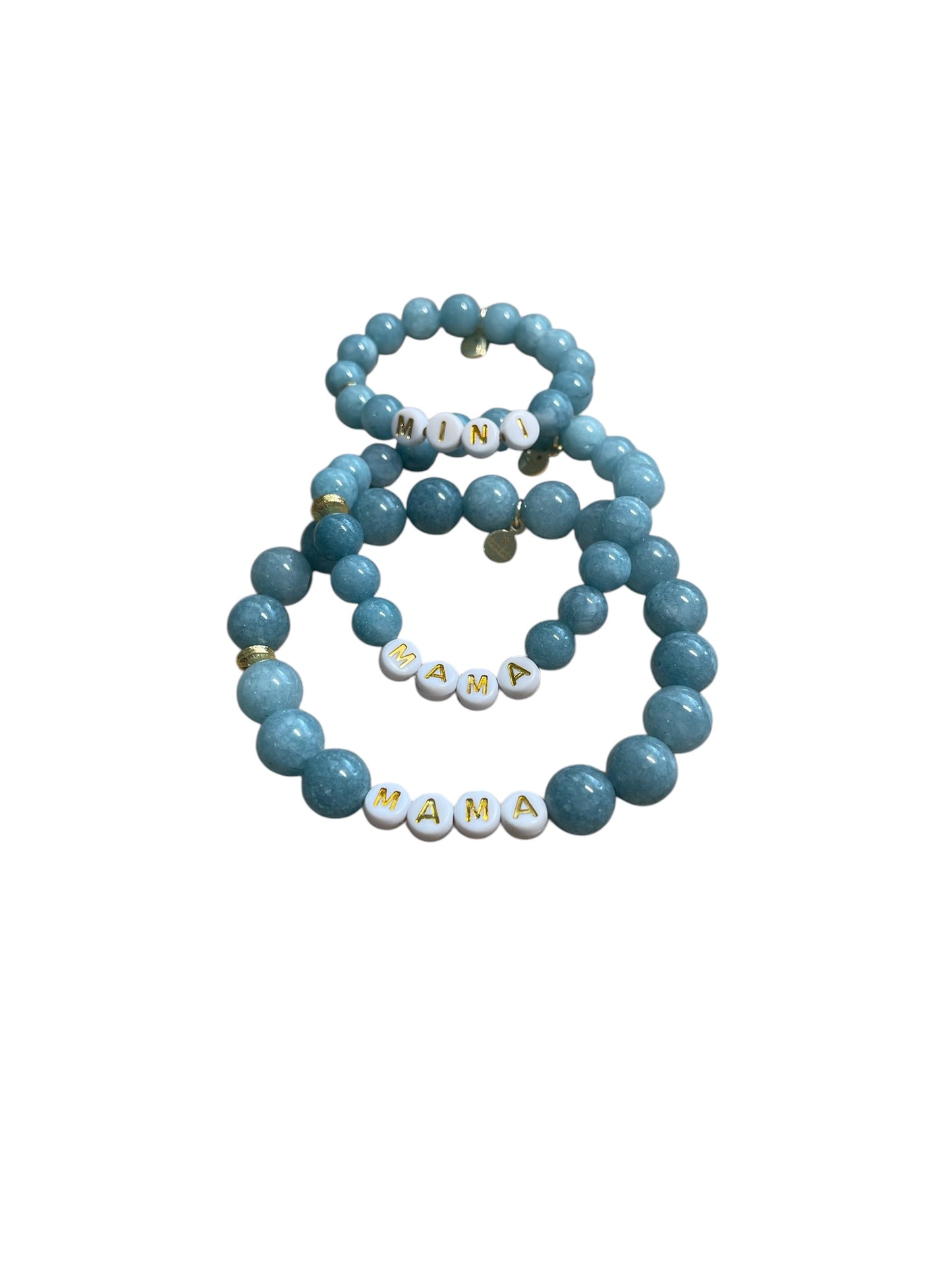 Mama & Mini Bracelets: Blue Jade round bead stretch bracelets Gold accents