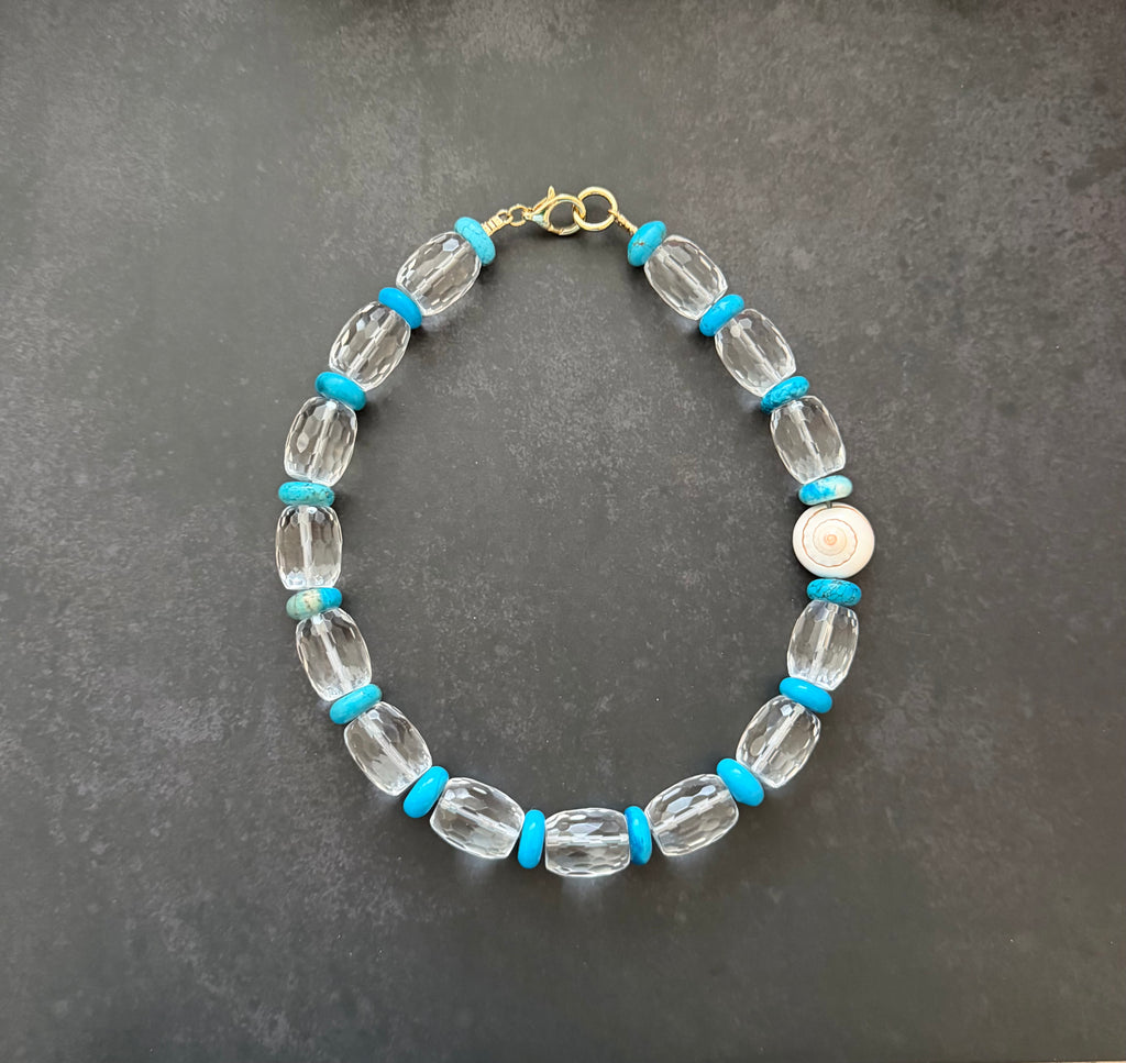 The Solstice Tide Necklace: faceted clear quartz and turquoise OOAK