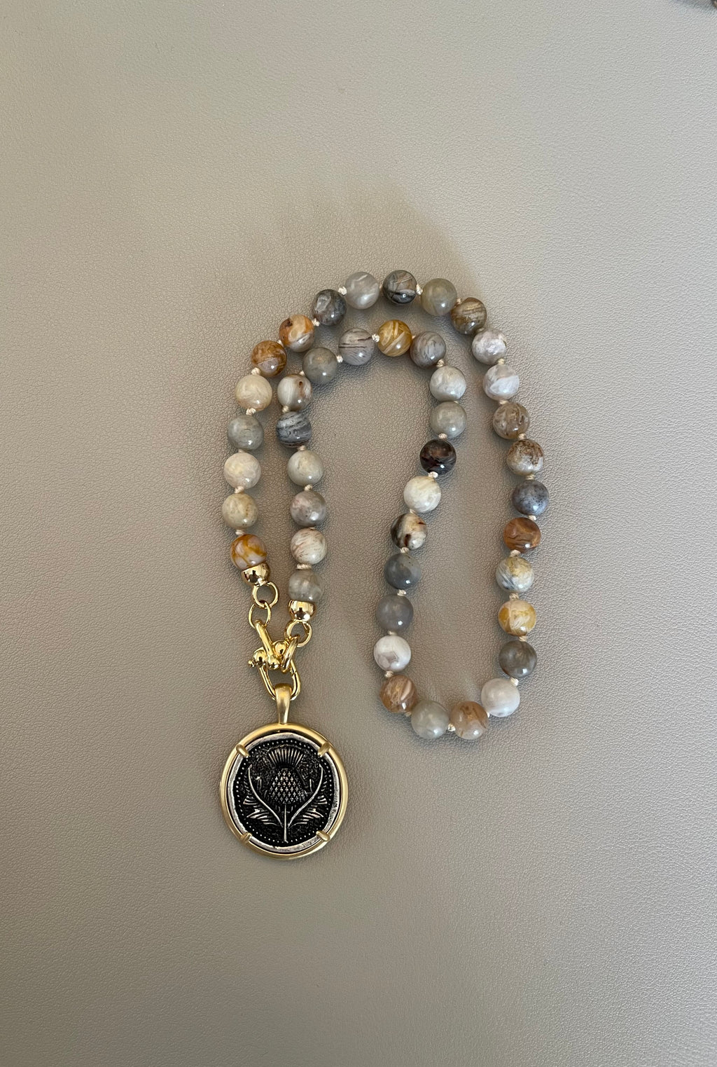 Gold Thistle Necklace: Hand-knitted Bamboo Agate Beads w Gold Filled Trigger Clasps and Thistle Coin Pendant