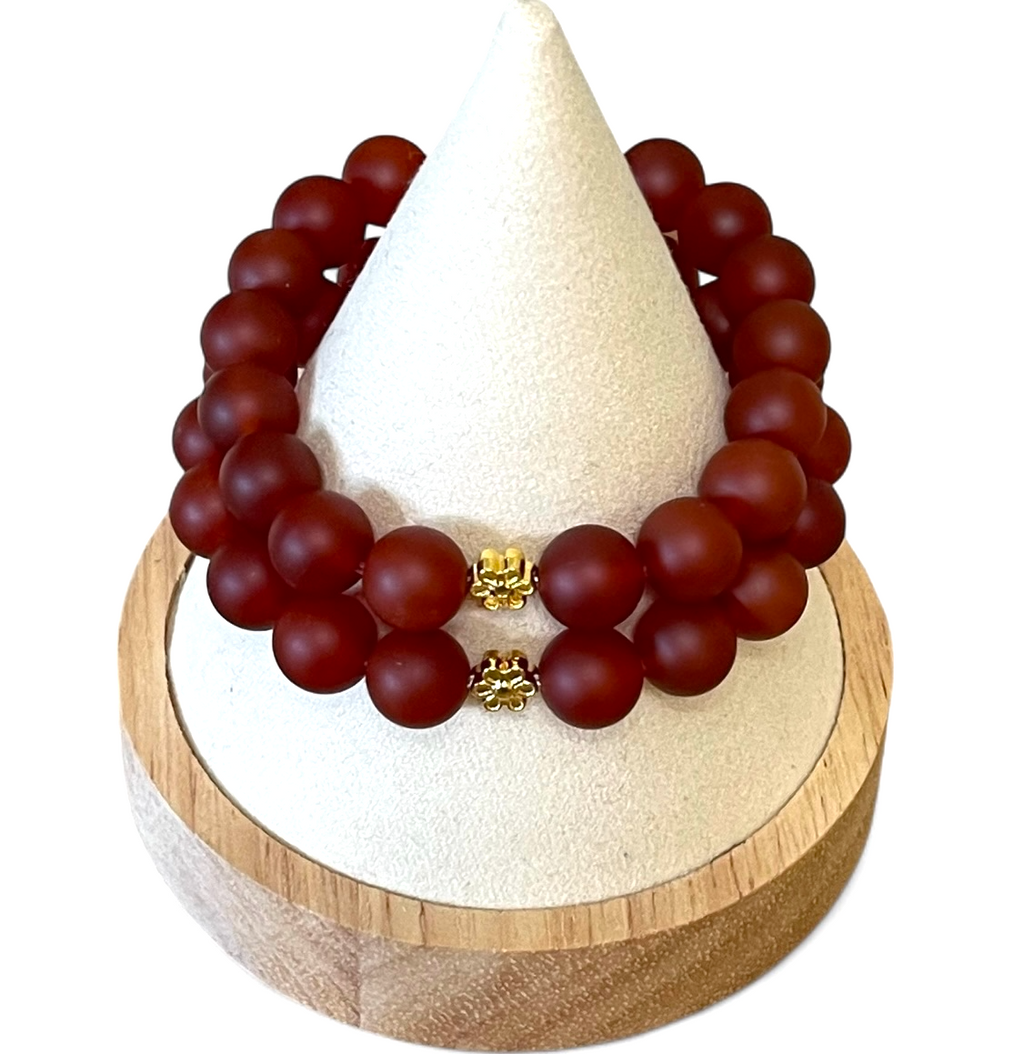 Matte Carnelian Stretch Bracelet Set: 2 bracelets with antiqued gold accents