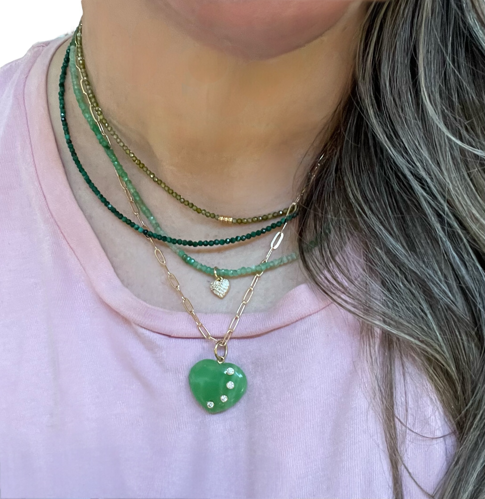 Chrysoprase Tiny Heart Skinnie: gradient Chrysoprase faceted 3mm beads Gold Pavé heart charm and gold clasp