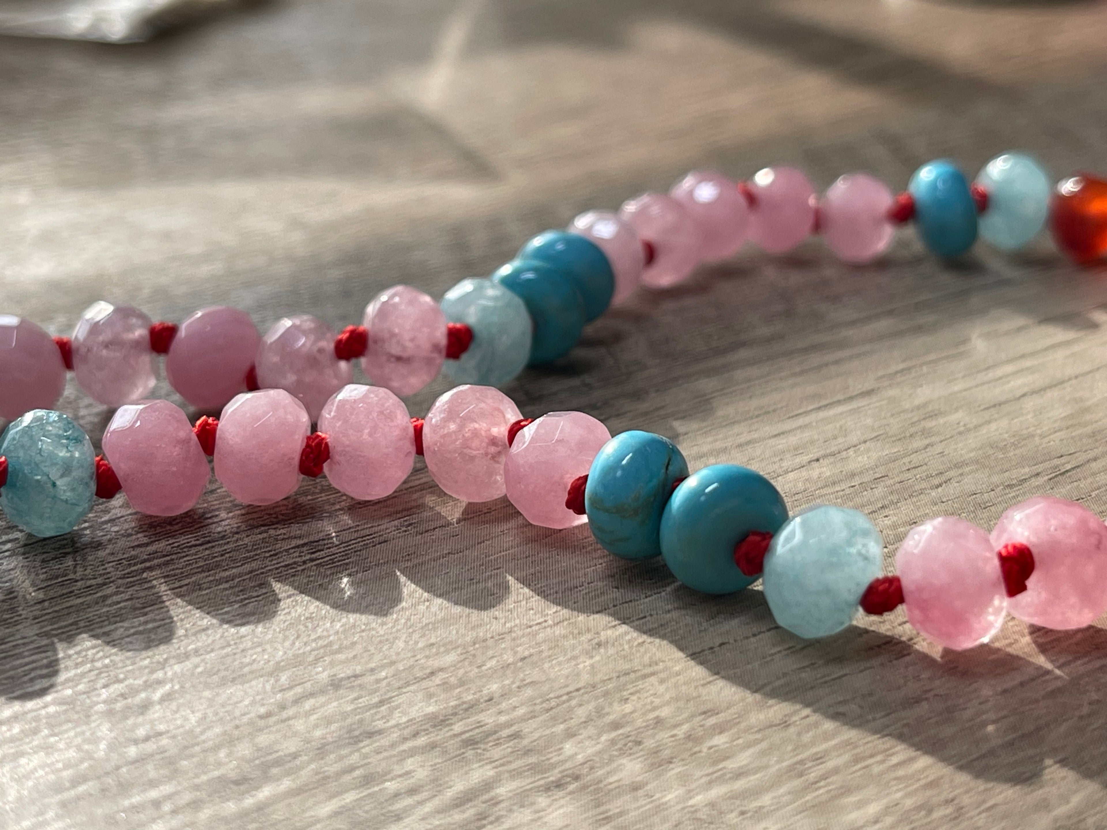 Ms. America: Hand-knotted Natural Stones on red silk w Charms 🇺🇸