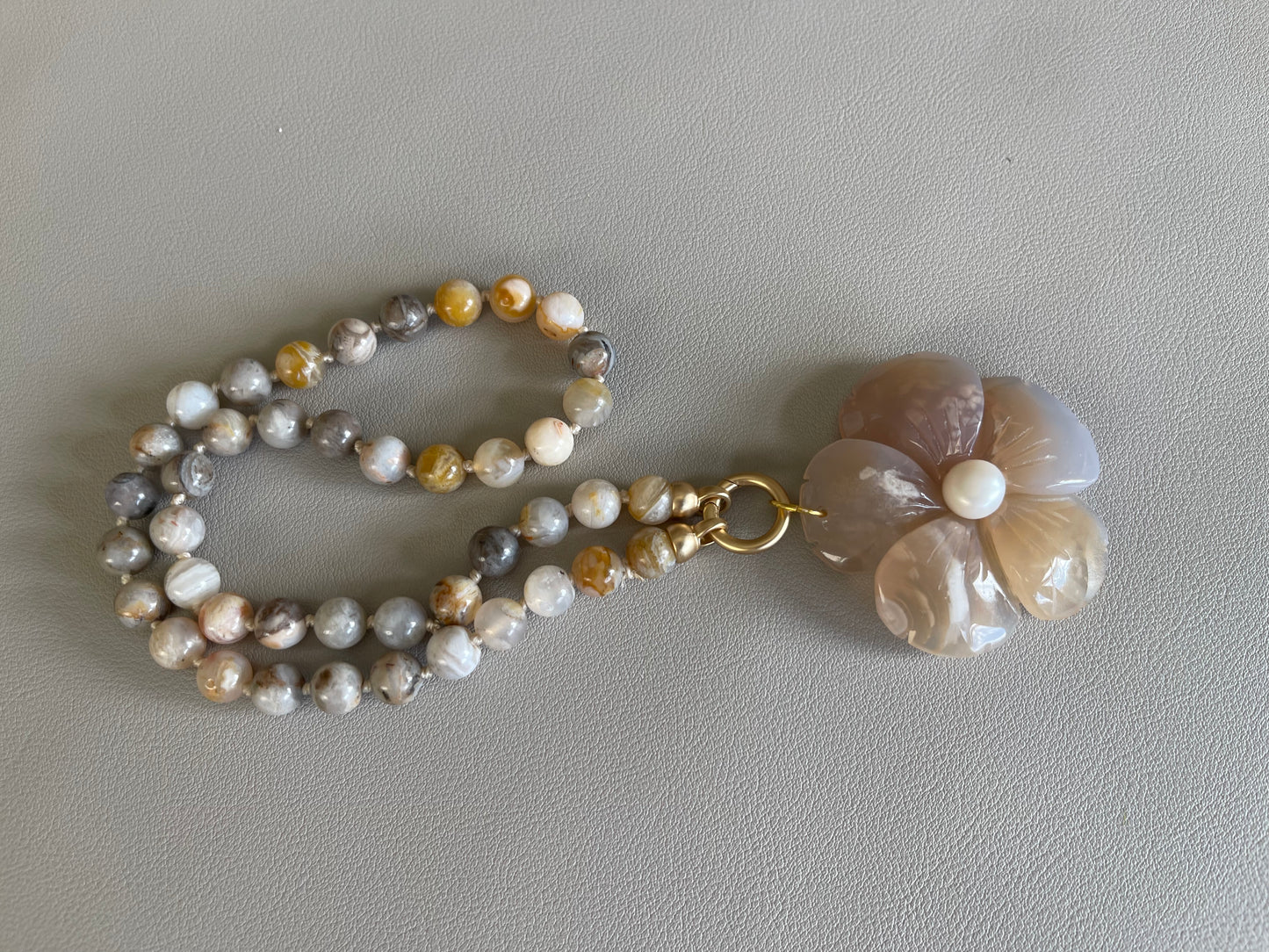 Waikiki Weekend Necklace: Bamboo Agate Hand Knotted w Flower Agate Hand Carved Pendant w Pearl