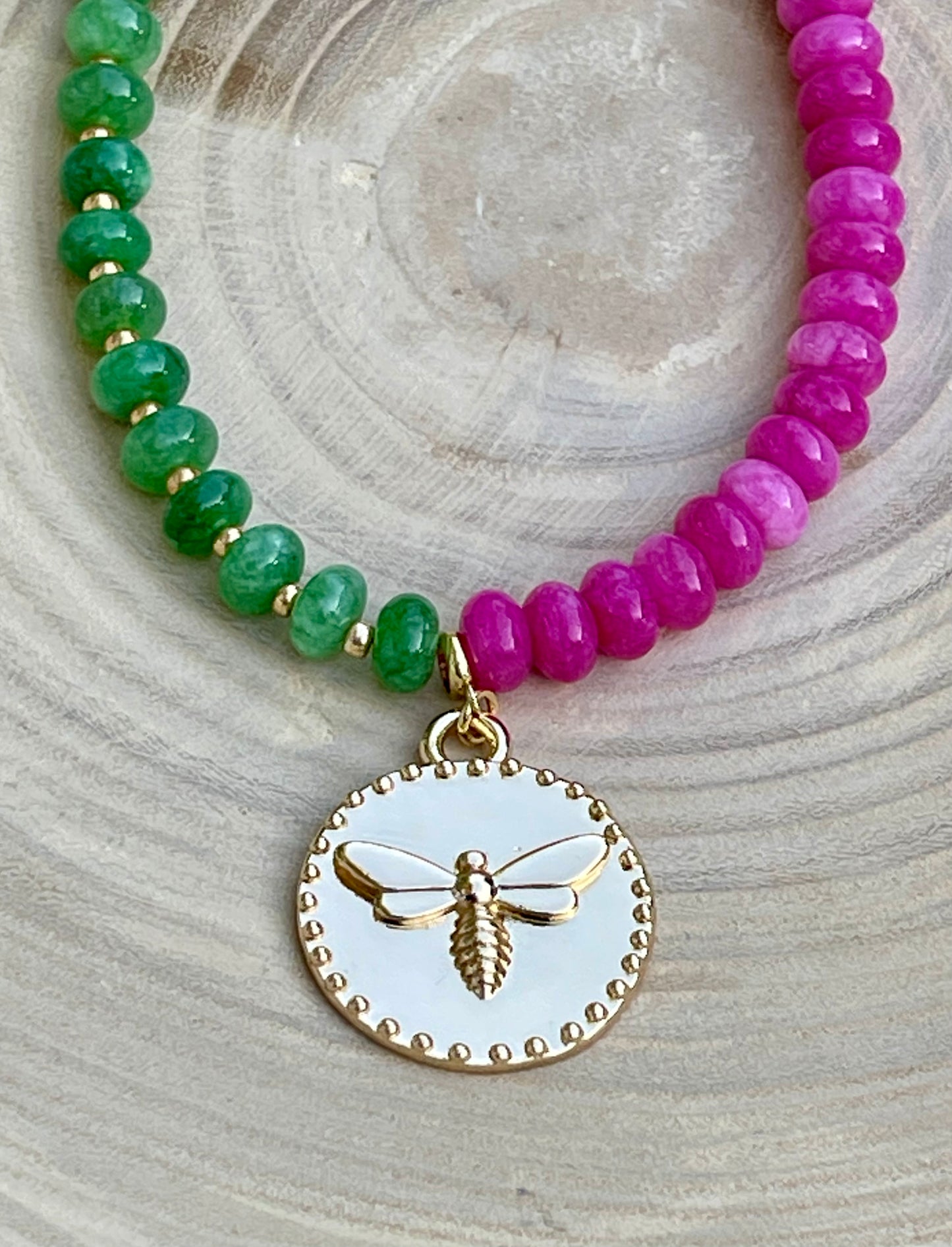 Honey Pop Necklace: OOAK Green & Hot Pink Natural Jade Stone Beads, Gold Accents, a Shiny Gold Bee Coin Style Pendant