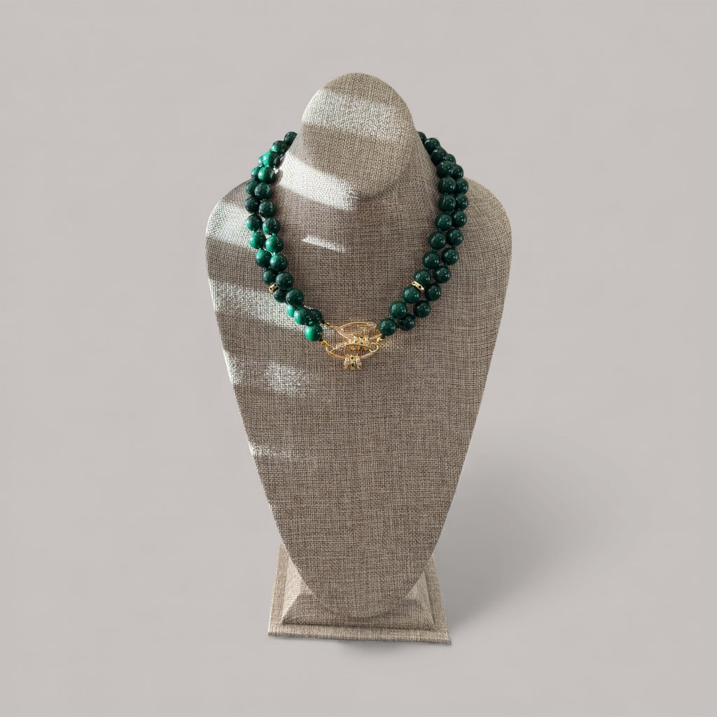 Vintage Vogue Necklace: Vintage Chinese Jade beads hand-knotted on matching satin cord•Gold pavé accents and charms