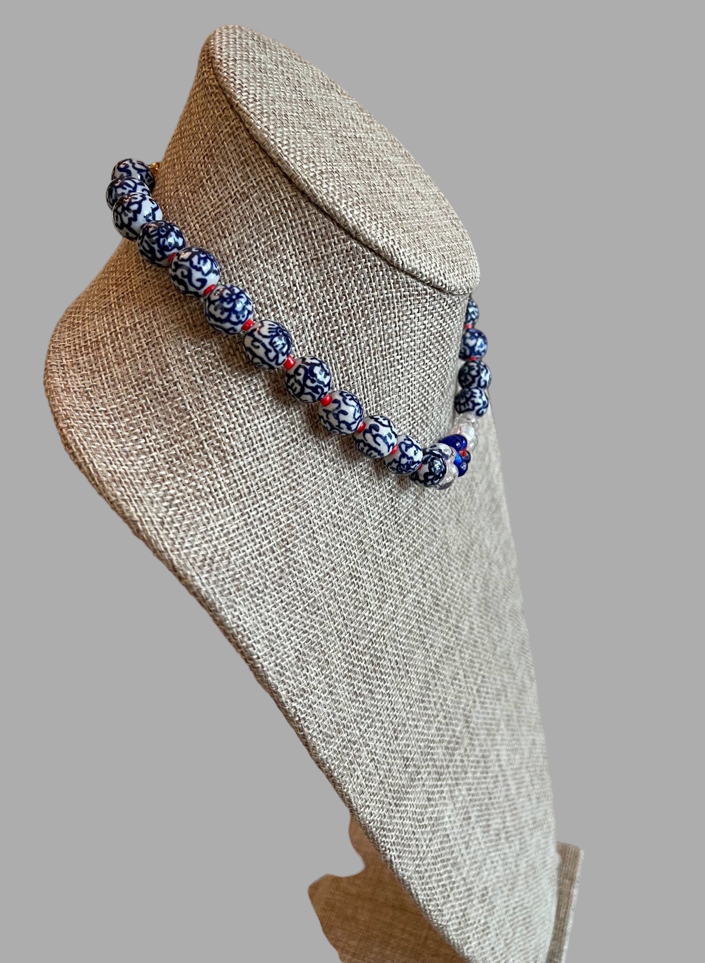 Blue Blossoms Necklace: Porcelain Chinoiserie Style Beads w Glass Flowers