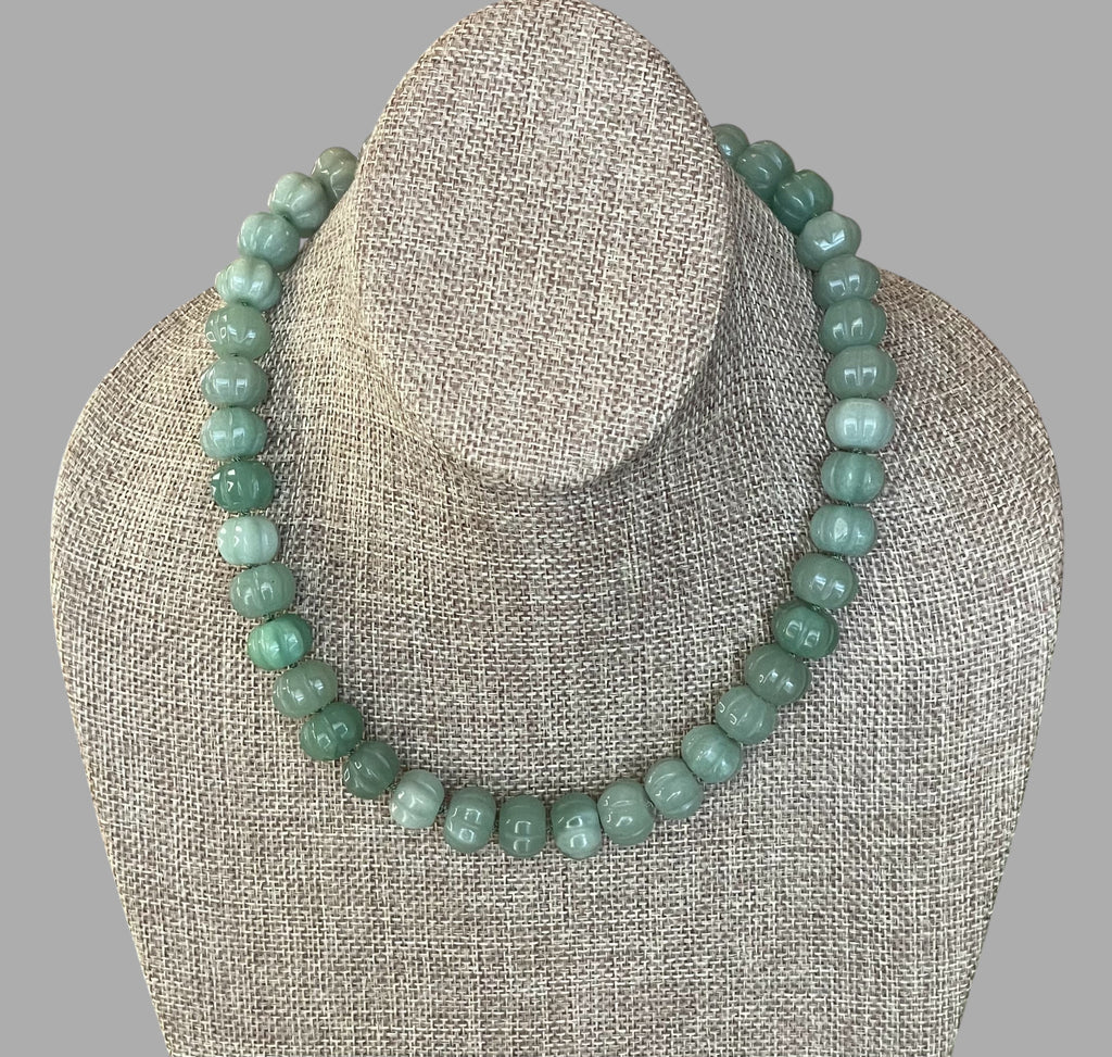 Sage Serenade Necklace OOAK: Sage green hand carved gemstones Hand-knotted on silk