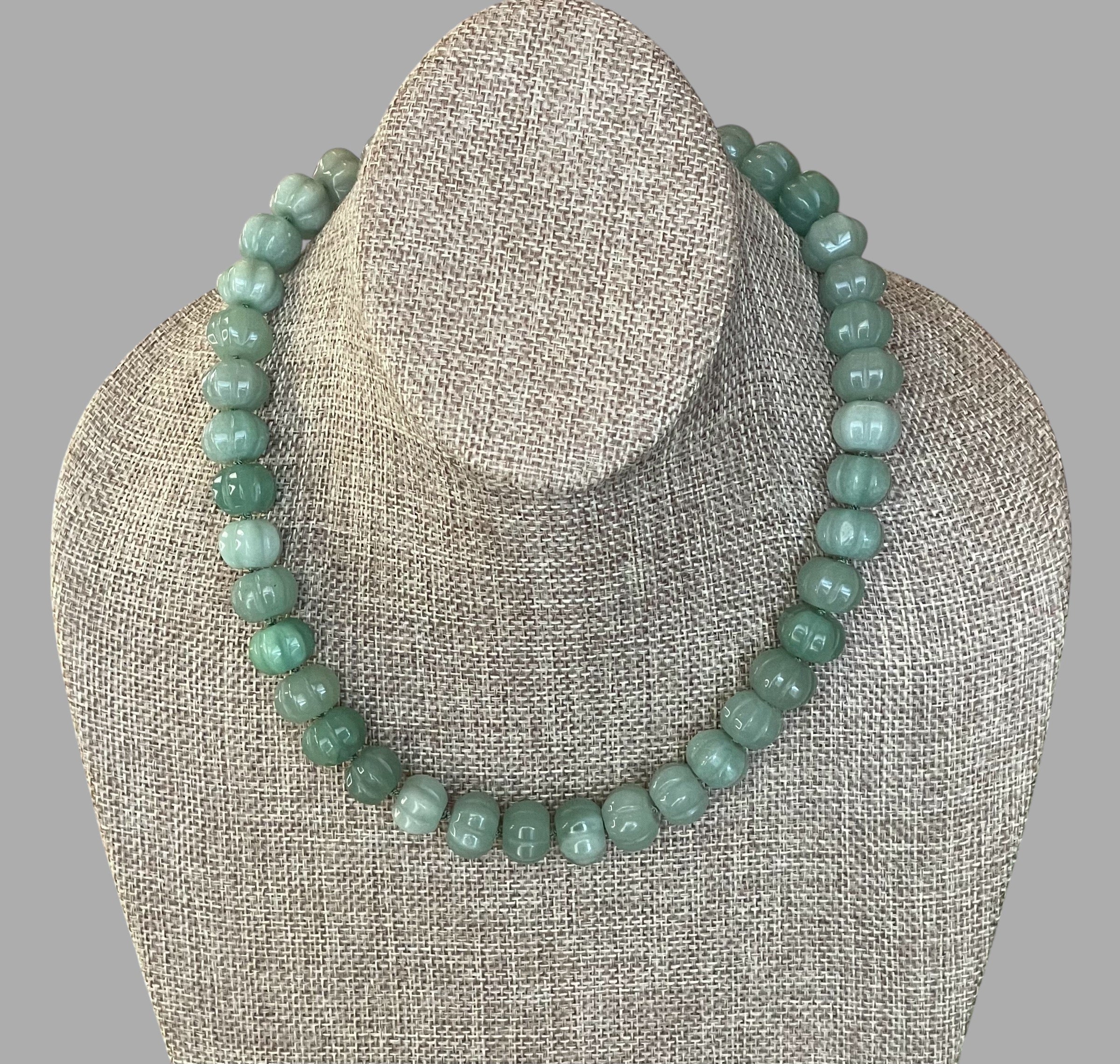 Sage Serenade Necklace OOAK: Sage green hand carved gemstones Hand-knotted on silk