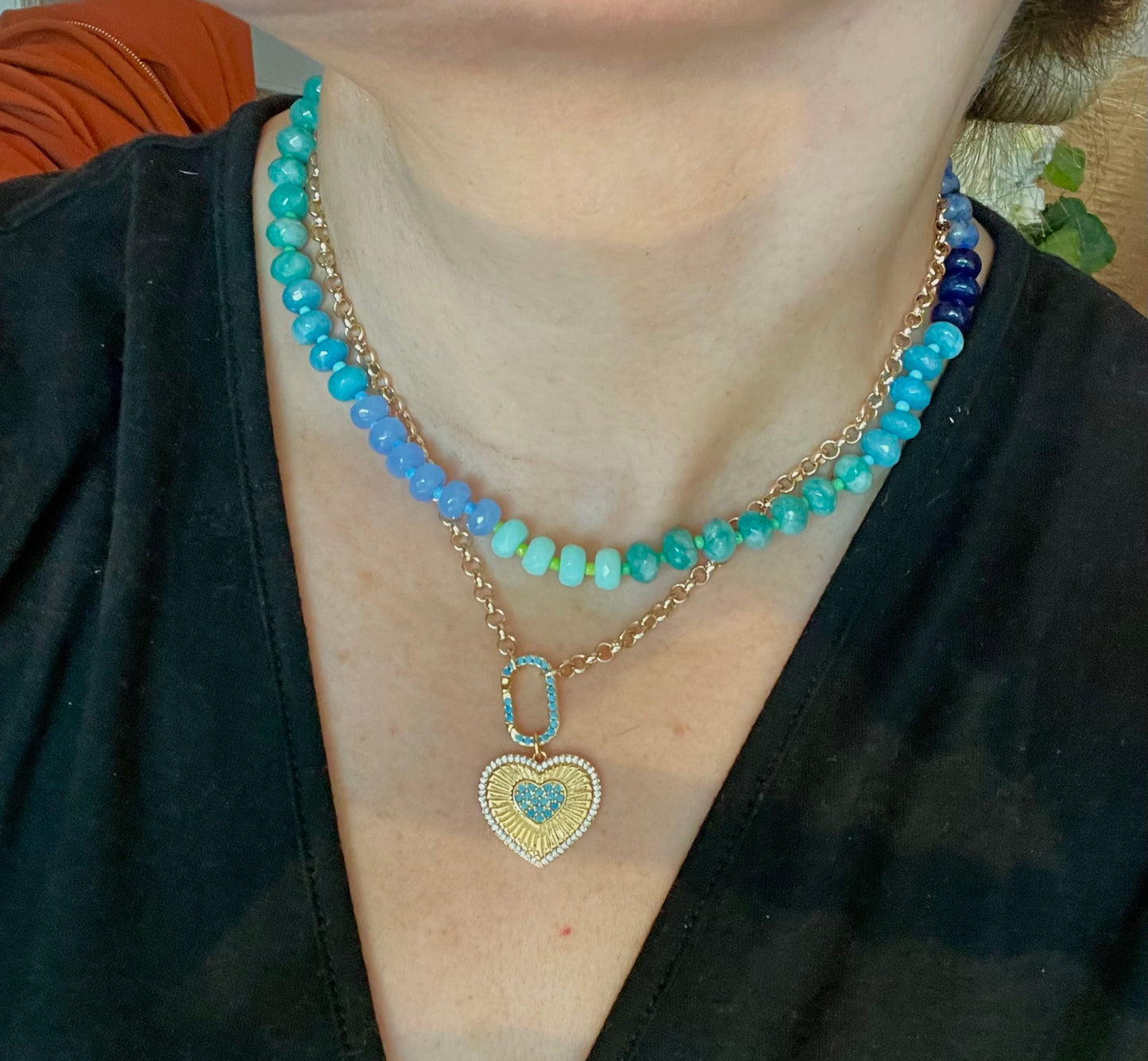 Touch of Turquoise Necklace: Gold Plated Rolo Chain with a GP Turquoise Center Heart Charm