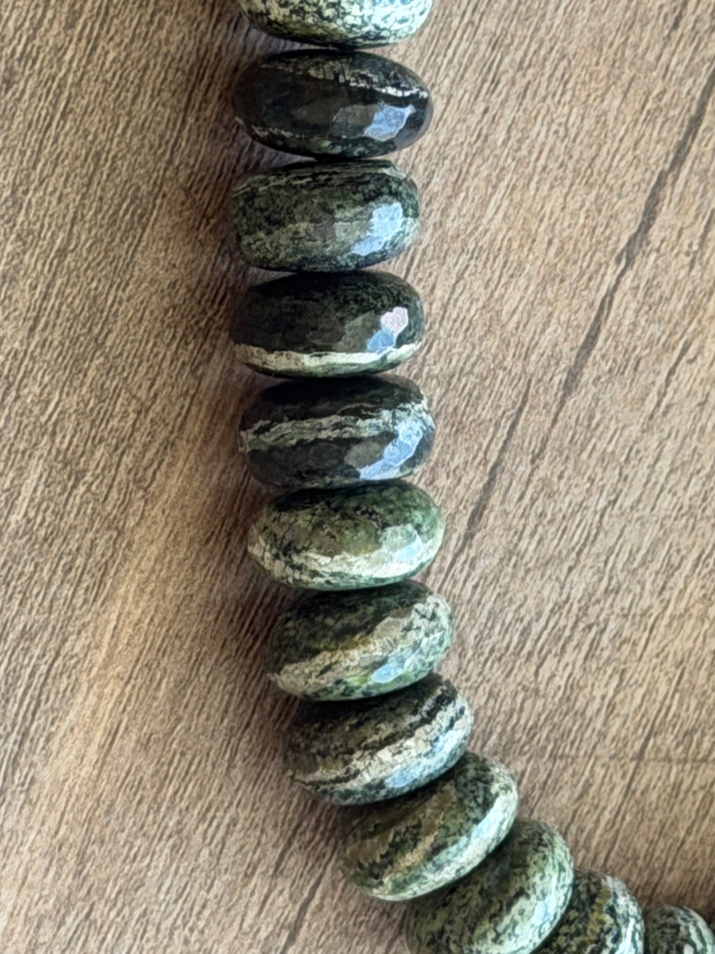 Brazilian Silver Leaf Serpentine Necklace: Stunning green gemstone beads•Oversized gold toggle clasp•OOAK