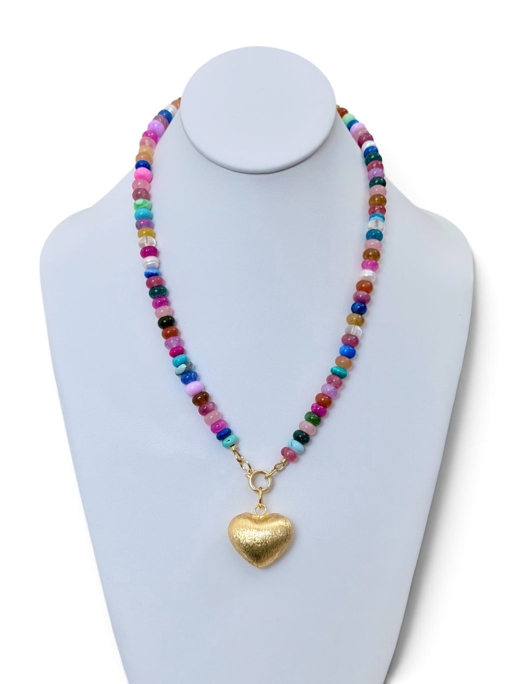 Colorful Claire Necklace: Mixed gemstones and a textured puffed heart pendant