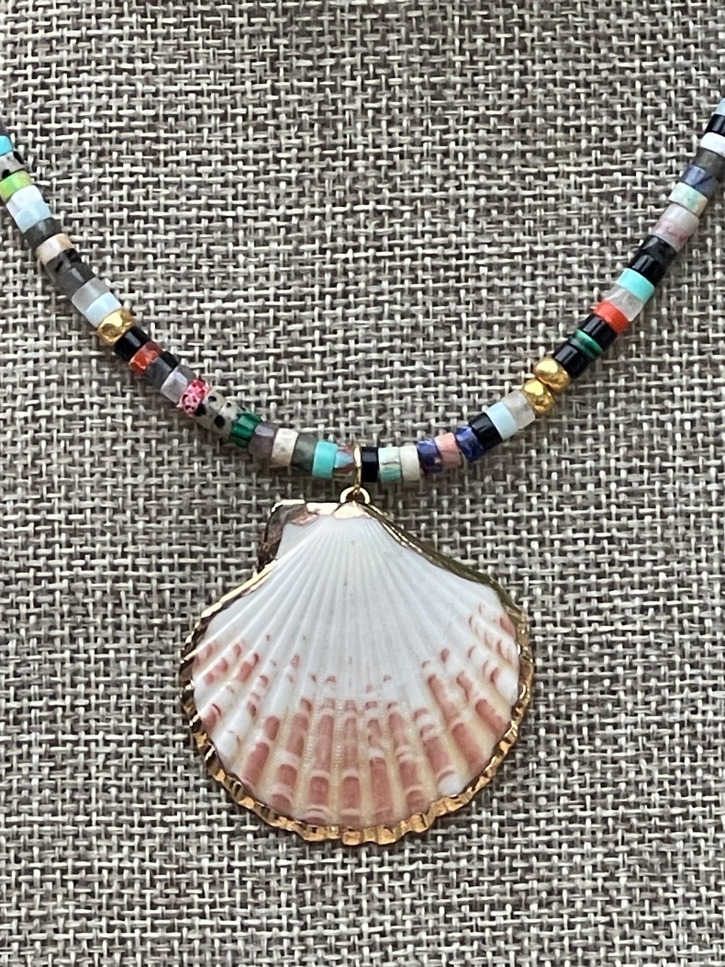 Multi Gem Seashell Necklace: Large variety of natural gemstone beads gold accents Natural seashell pendant