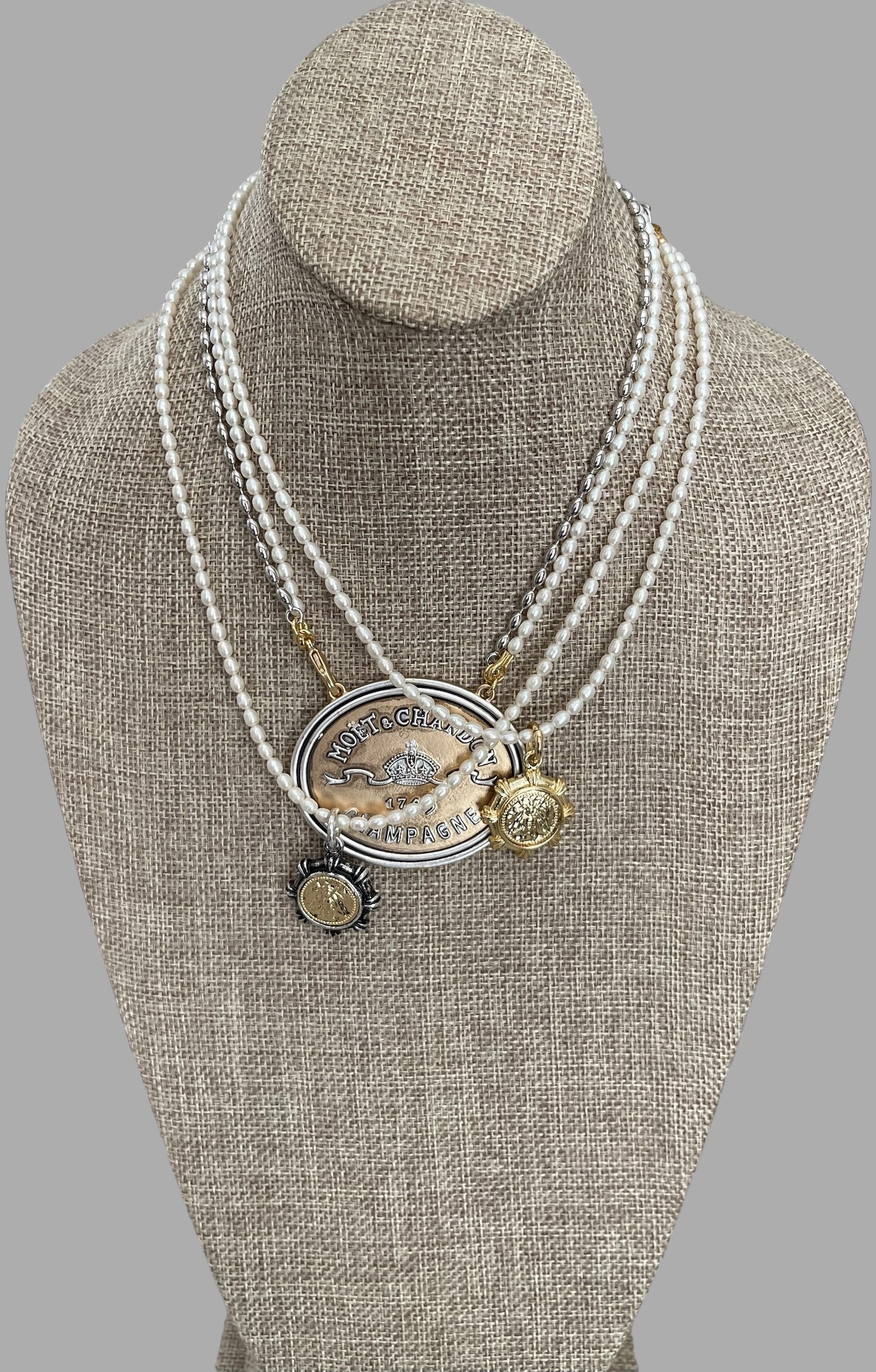 Bee Happy II Necklace: A Freshwater Pearl Necklace w a Silver/Gunmetal/Gold French Bee Coin Pendant